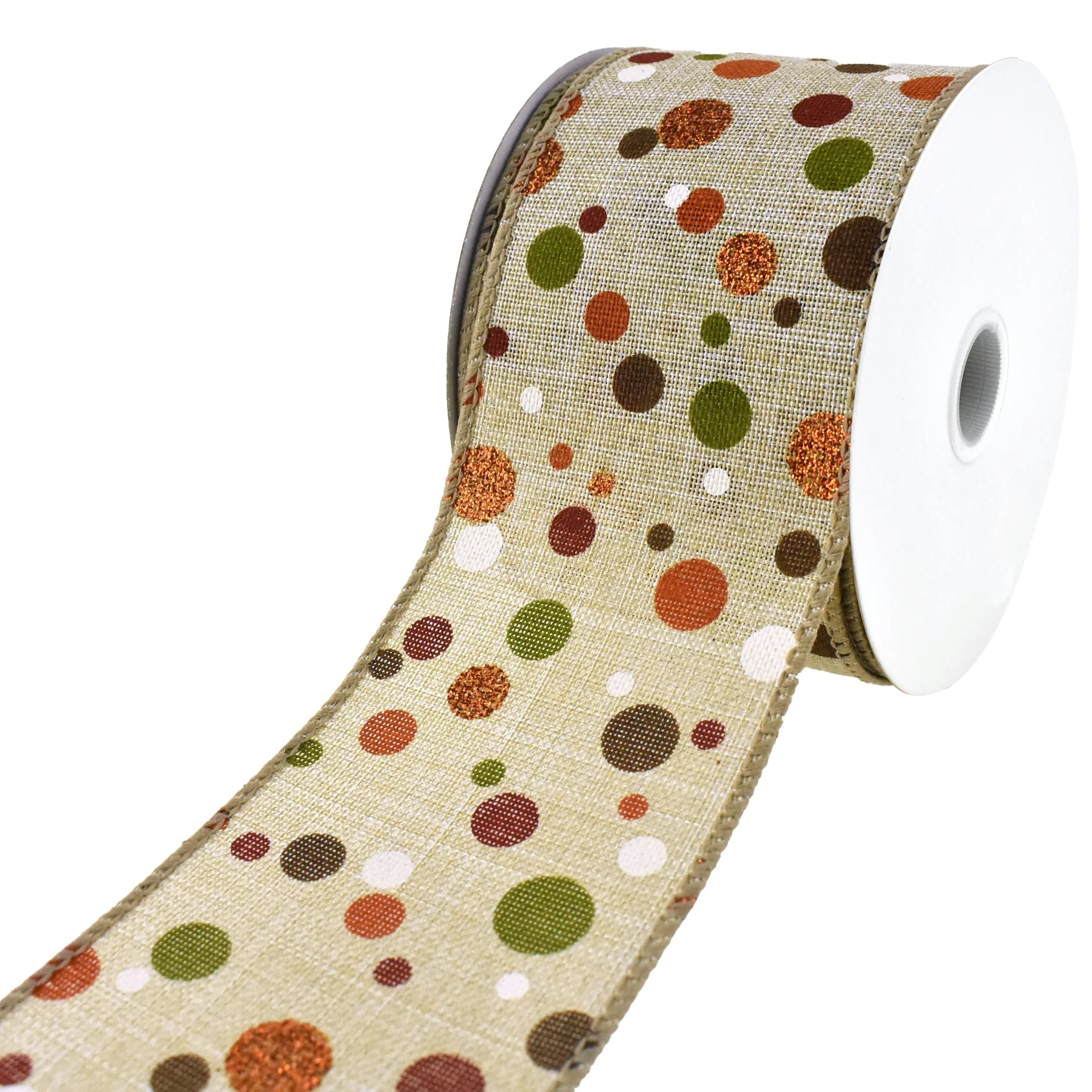 Dots Faux Linen Wired Autumn Fall Ribbon, 2-1/2-inch, 10-yard - Image 2