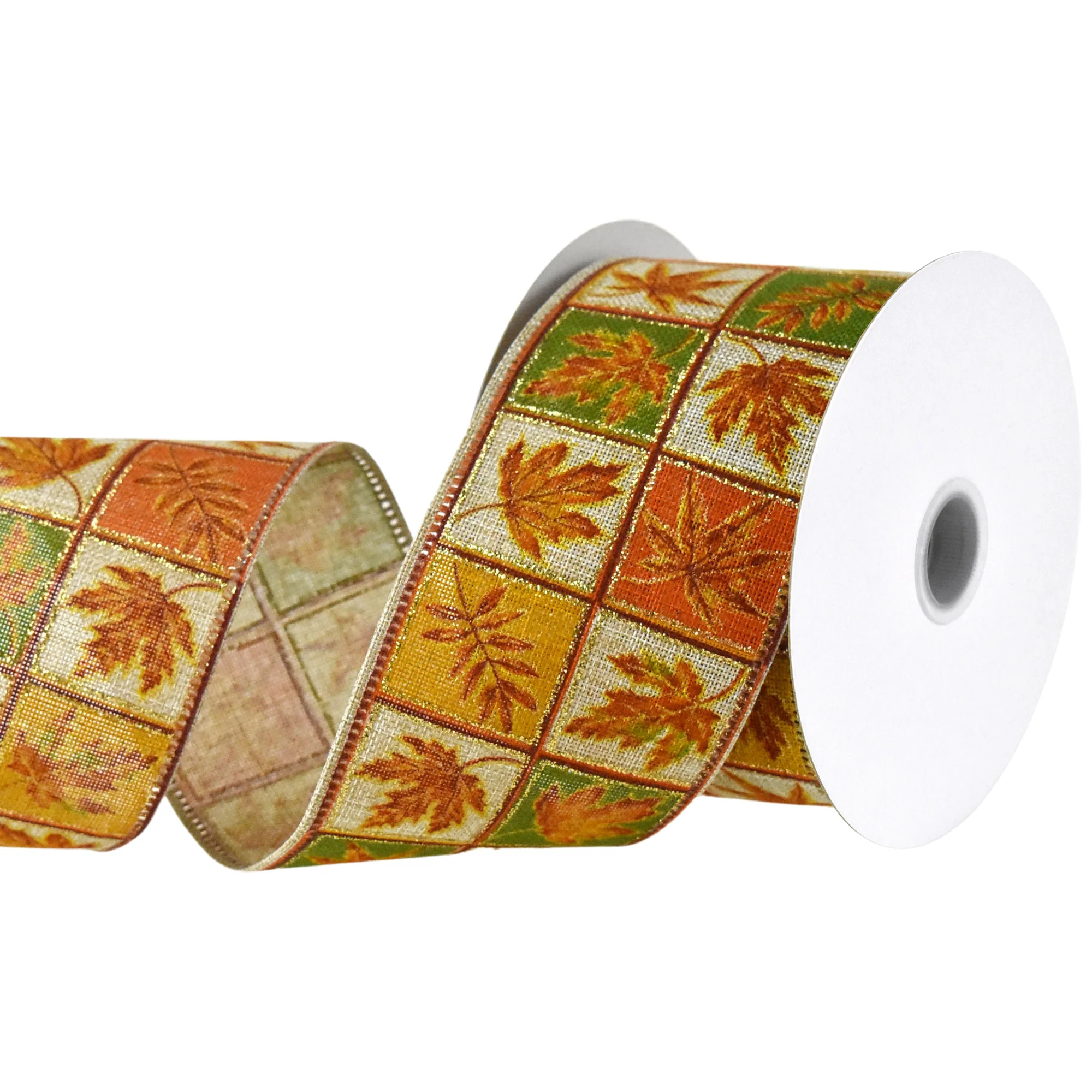 Leaves Quilt Boxes Faux Linen Wired Autumn Fall Ribbon, 2-1/2-inch, 10-yard - Image 3
