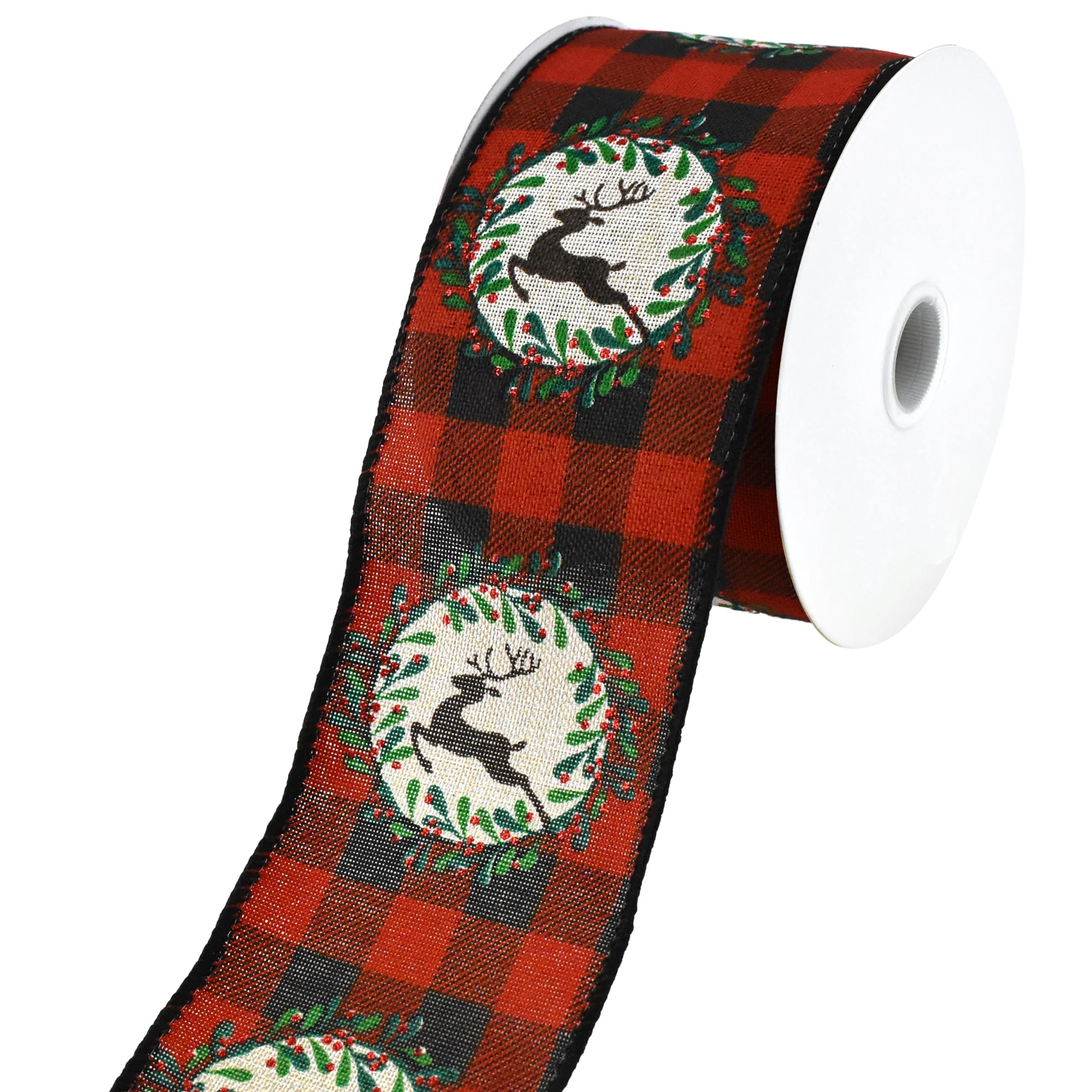 Buffalo Plaid Reindeer Christmas Wreath Wired Ribbon, 2-1/2-Inch, 10-Yard - Image 3