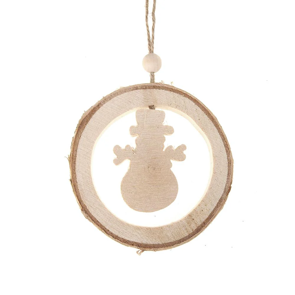 Carved Wood Snowman Round Hanging Christmas Tree Ornament, Natural, 4-1/4-Inch