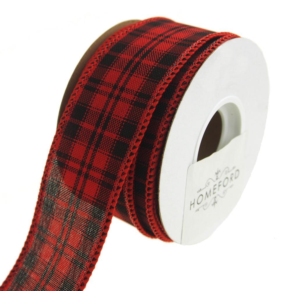 Checkered King Plaid Wired Holiday Ribbon, Red/Black, 10 Yards - Image 2