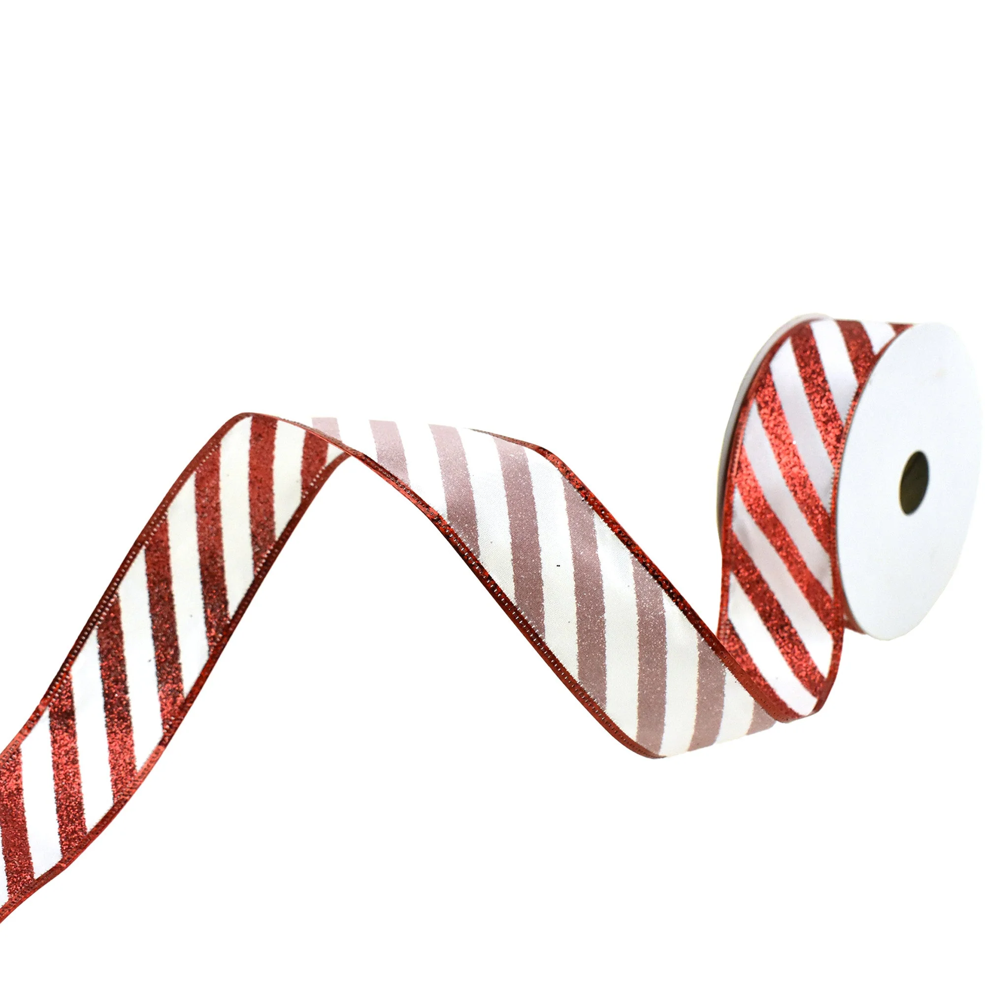 Christmas Glitter Holiday Stripes Wired Ribbon, 1-1/2-Inch, 10-Yard - Red/White - Image 3