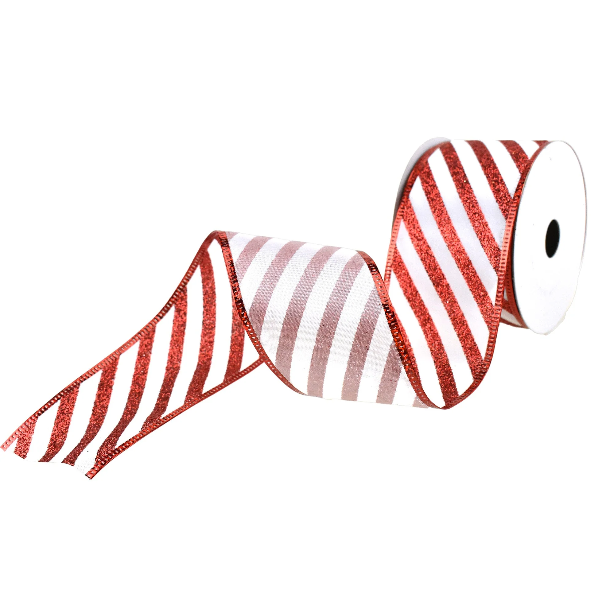 Christmas Glitter Holiday Stripes Wired Ribbon, 2-1/2-Inch, 10-Yard - Red/White - Image 3
