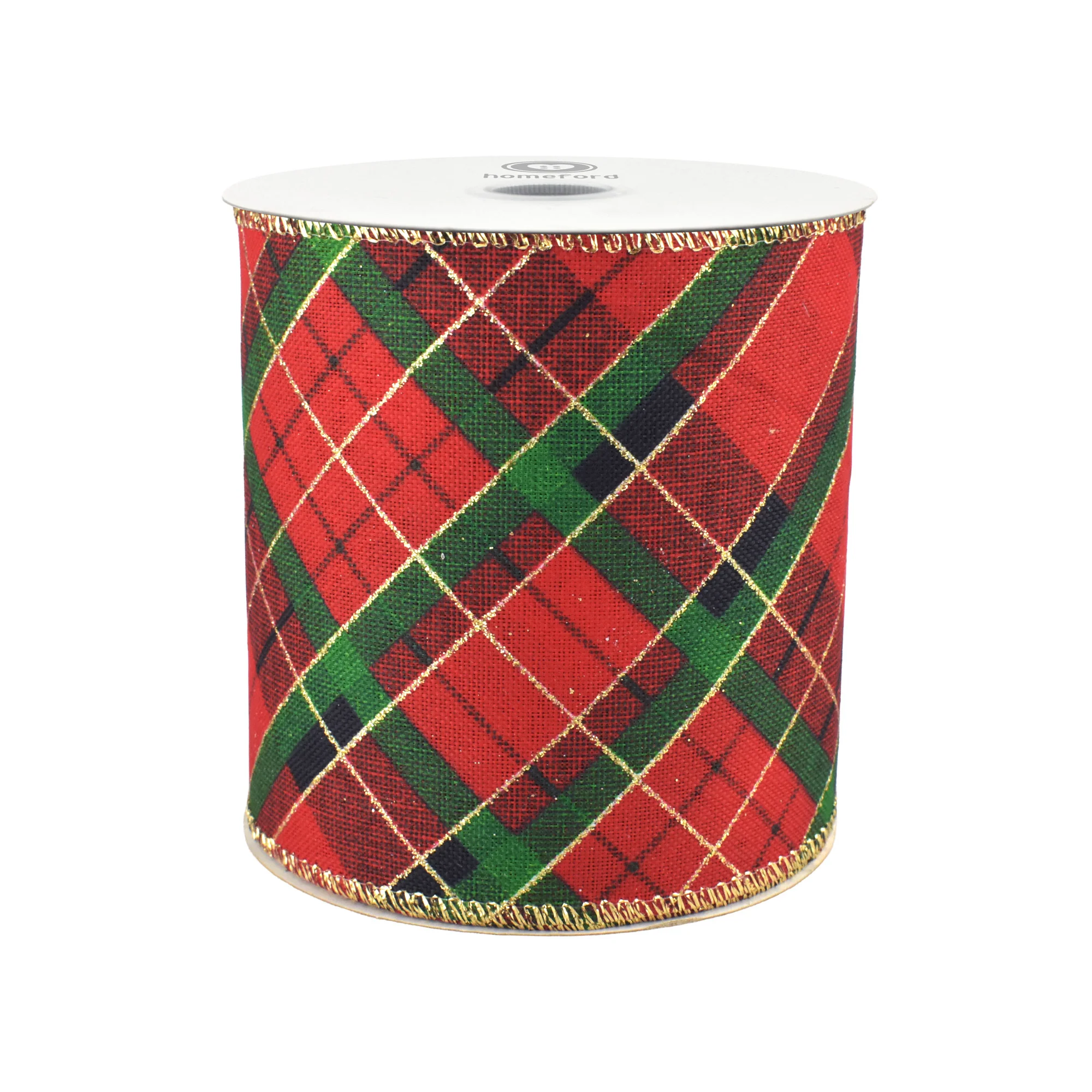 Christmas Glittered Diagonal Plaid Wired Ribbon, 10-yard - Image 3