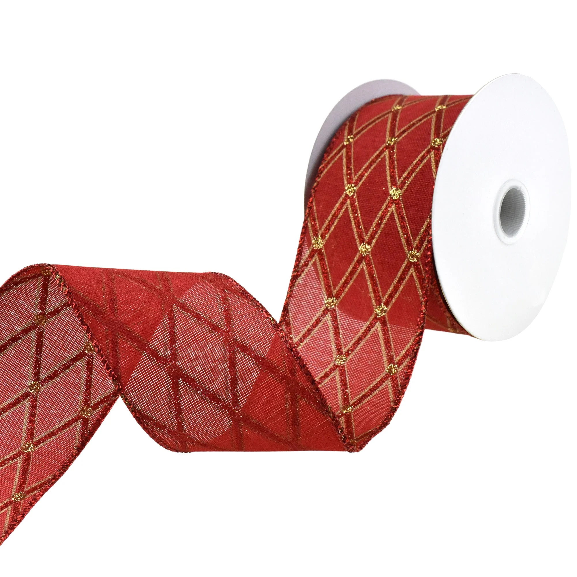 Christmas Glittered Diamond Lattice Wired Ribbon, 2-1/2-Inch, 10-Yard - Red - Image 3
