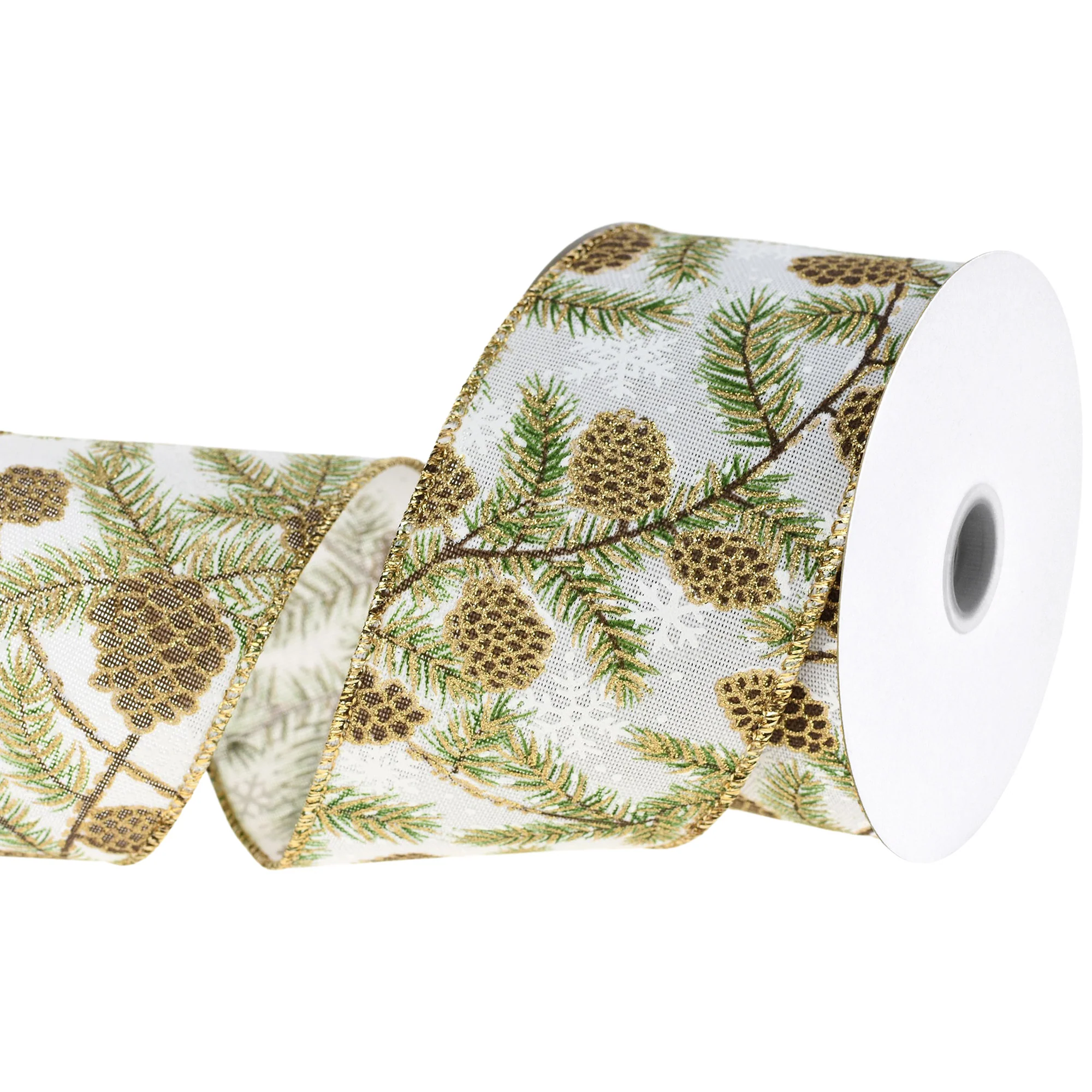 Christmas Glittered Pine Cones Faux Linen Wired Ribbon, 2-1/2-inch, 10-yard - Image 2