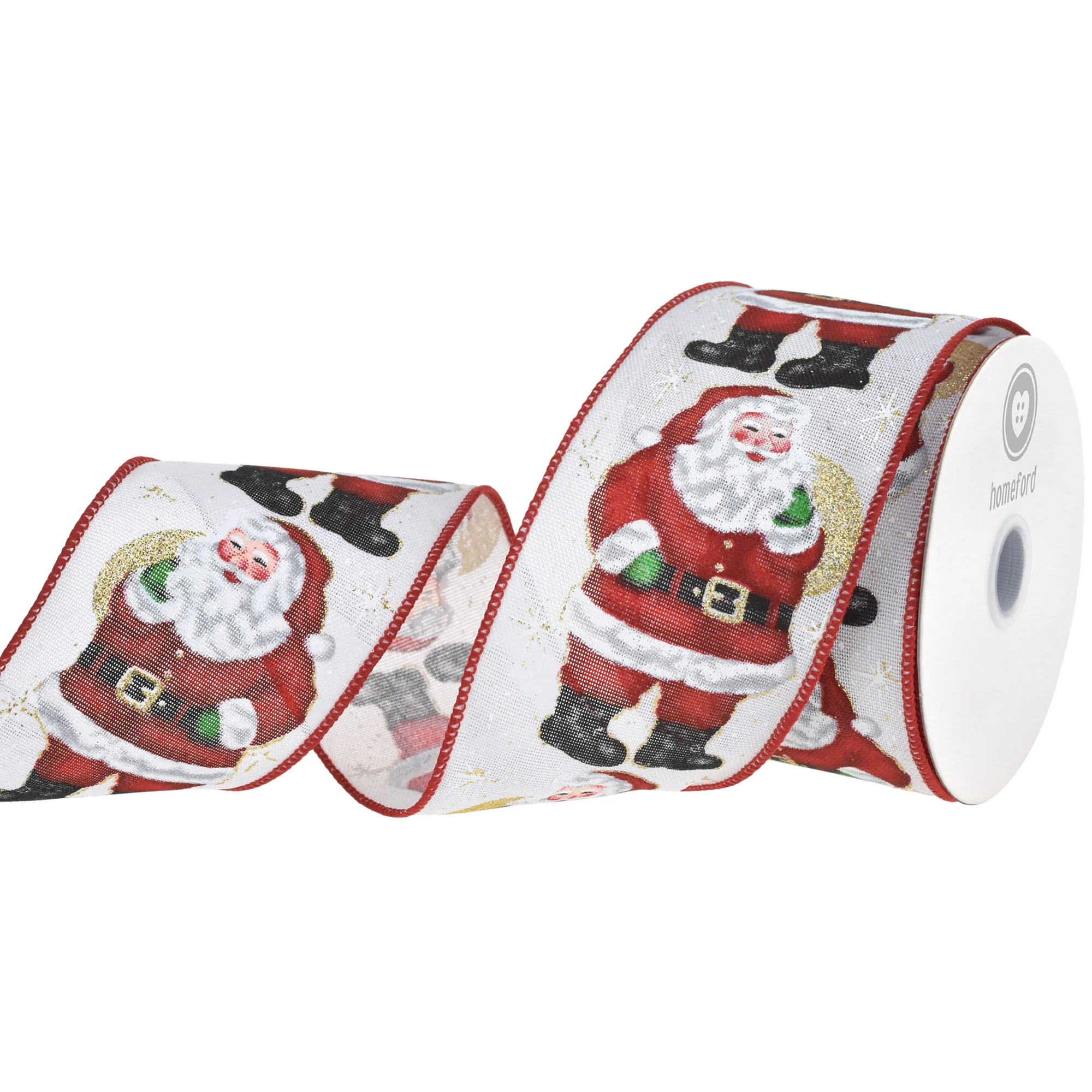 Christmas Glittered Santa Snowflakes Faux Linen Wired Ribbon, 2-1/2-inch, 10-yard - Image 2