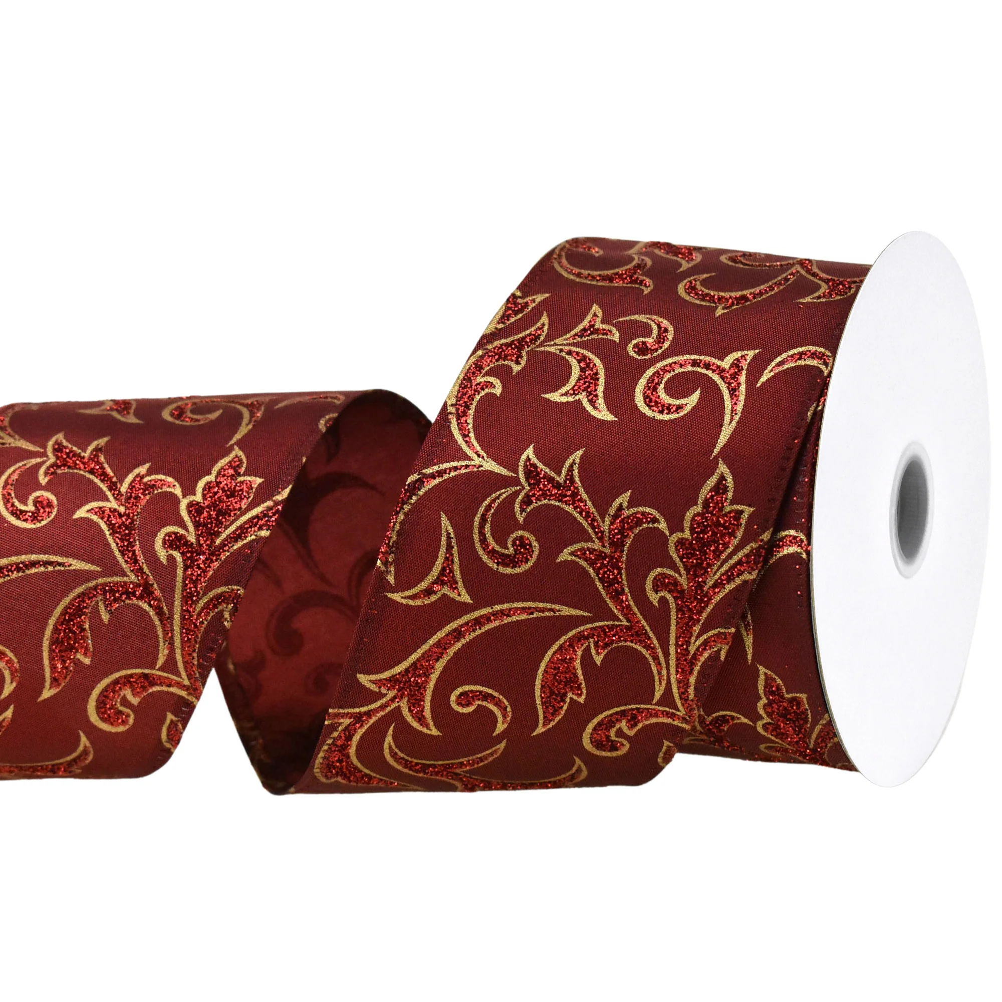 Christmas Glittered Swirls Metallic Faux Linen Wired Ribbon, 2-1/2-inch, 10-yard - Image 3