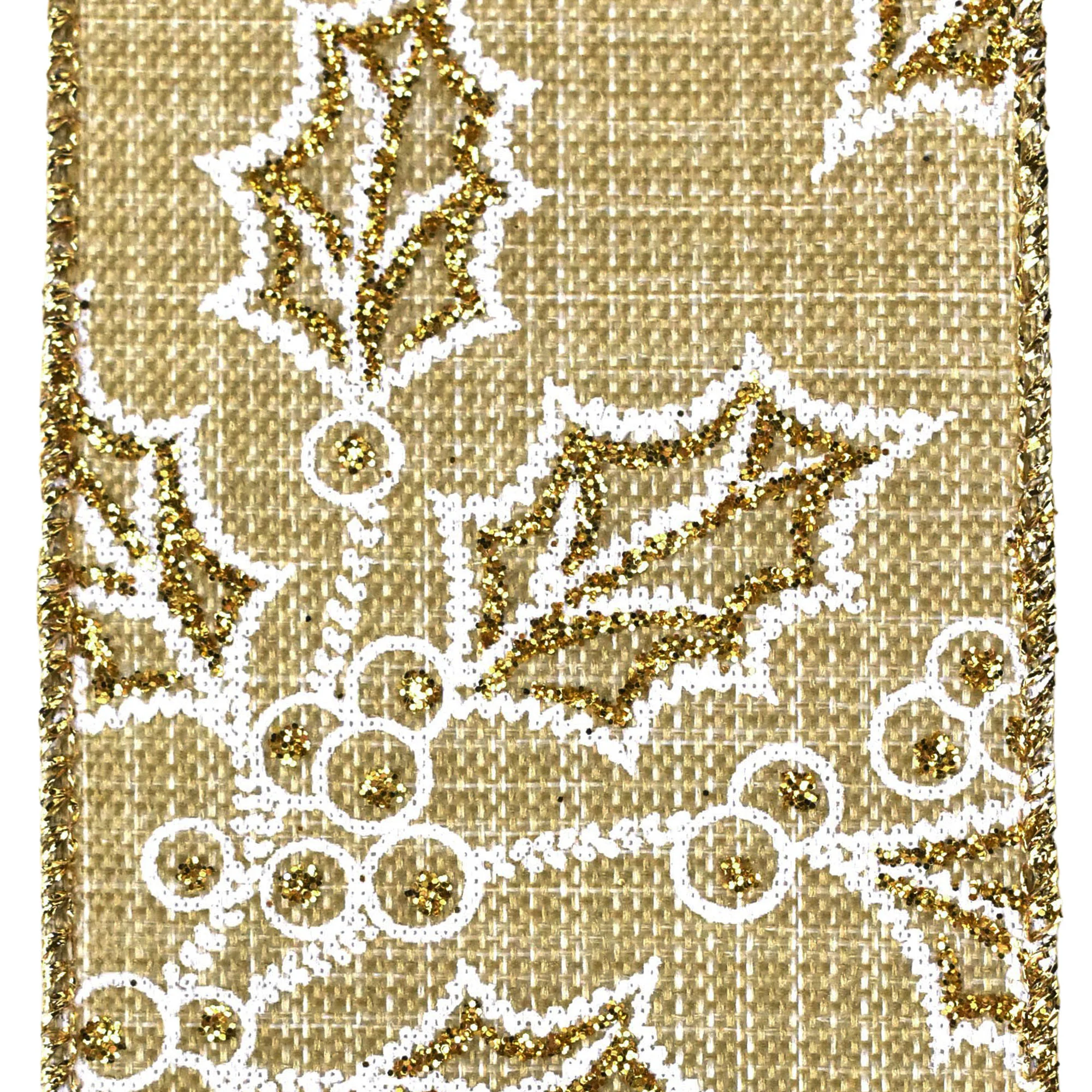 Christmas Holly Glittered Outlines Faux Linen Wired Ribbon, 2-1/2-inch, 10-yard - Image 2
