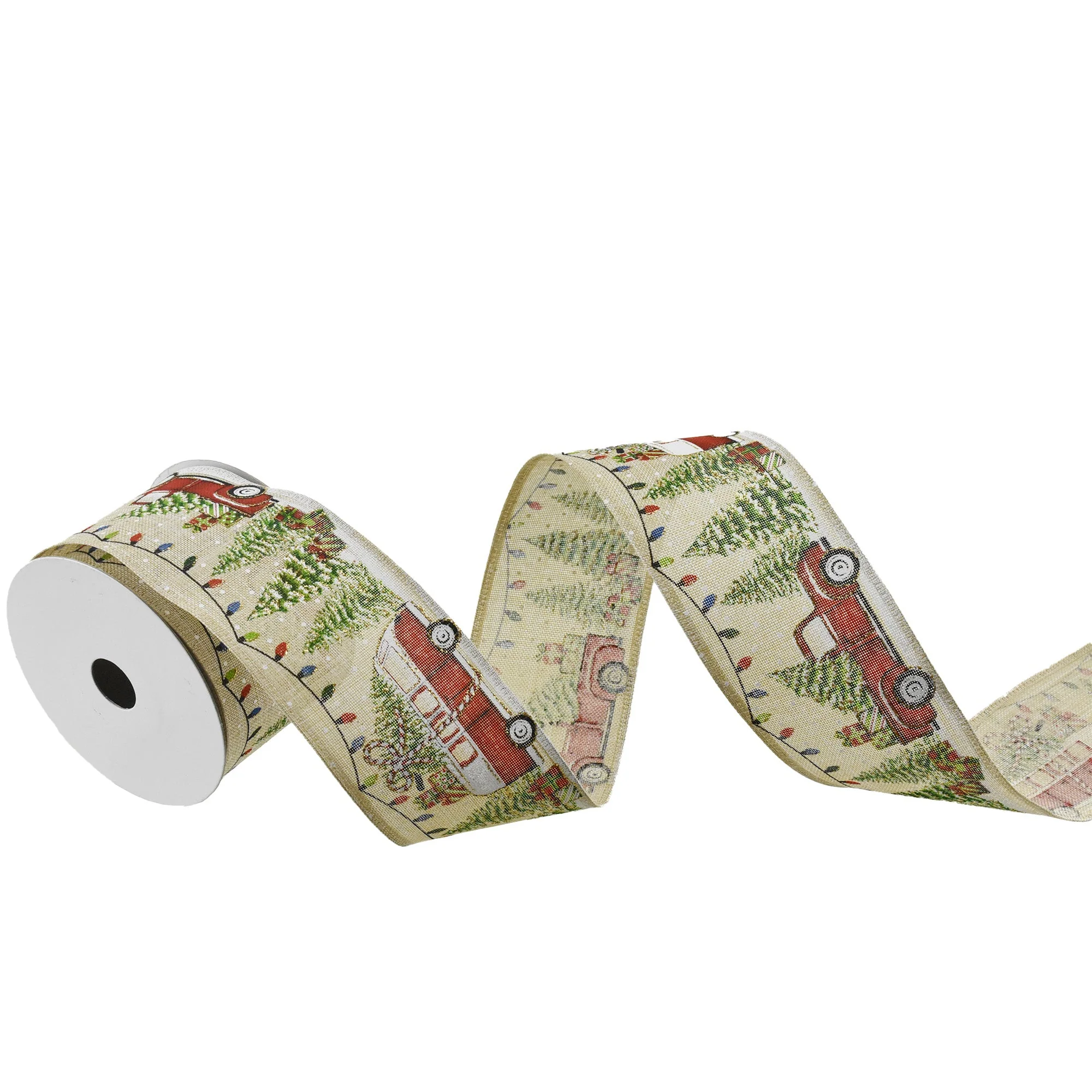 Christmas Linen Truck/Camper Wired Ribbon, 2-1/2-Inch, 10-Yard - Natural - Image 3