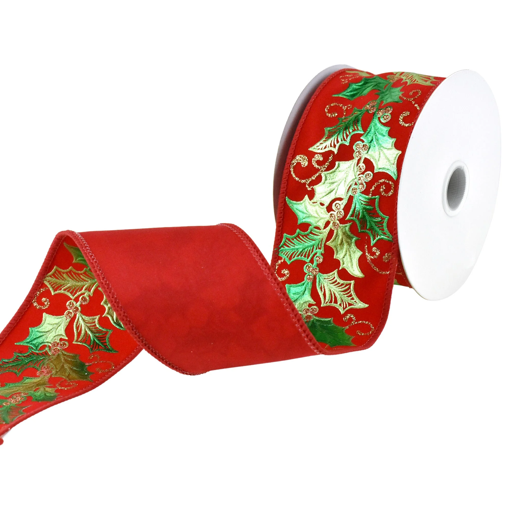 Christmas Metallic Embossed Holly Leaves Wired Ribbon, 2-1/2-Inch, 10-Yard - Image 3