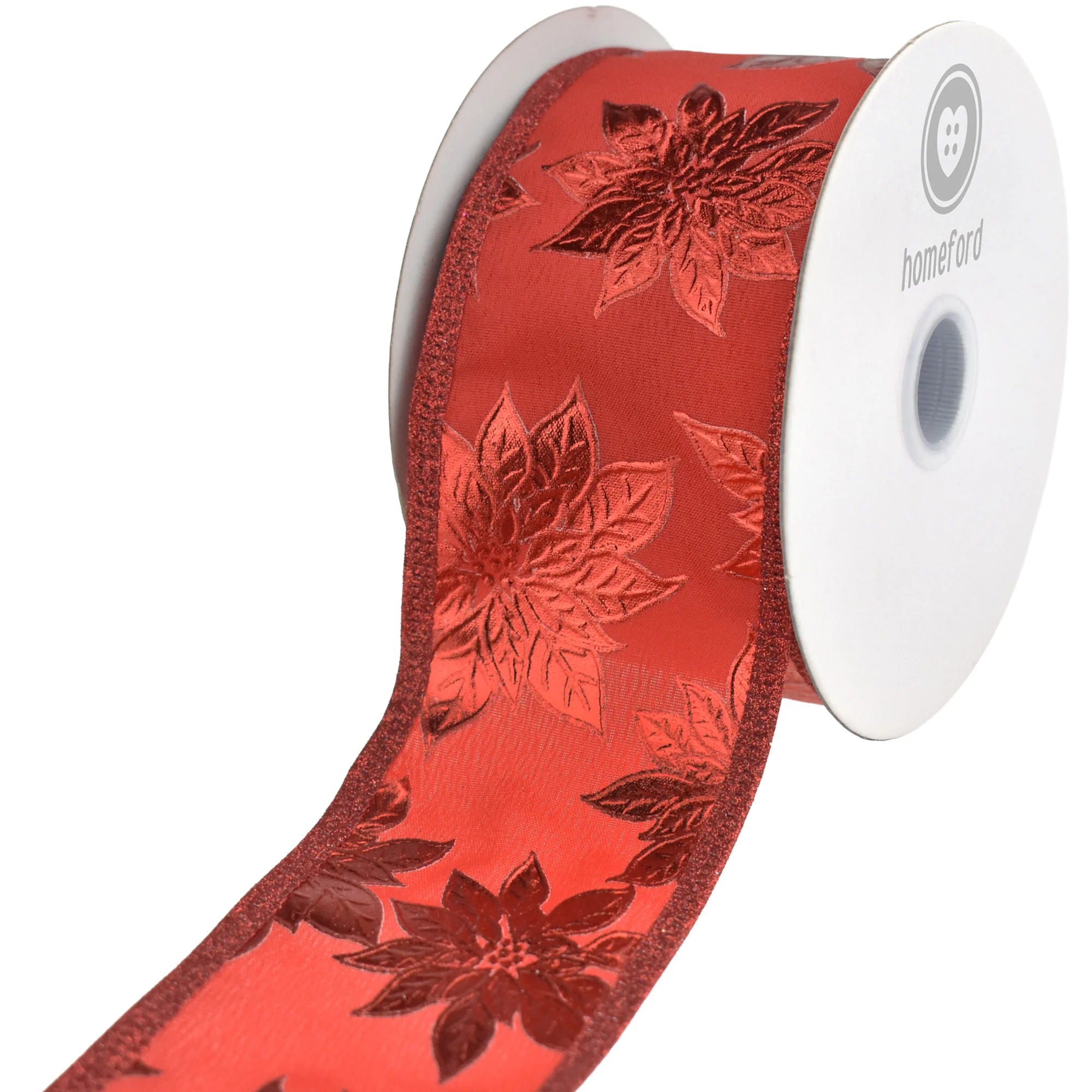 Christmas Metallic Embossed Poinsettias Wired Ribbon, 10-yard - Image 2