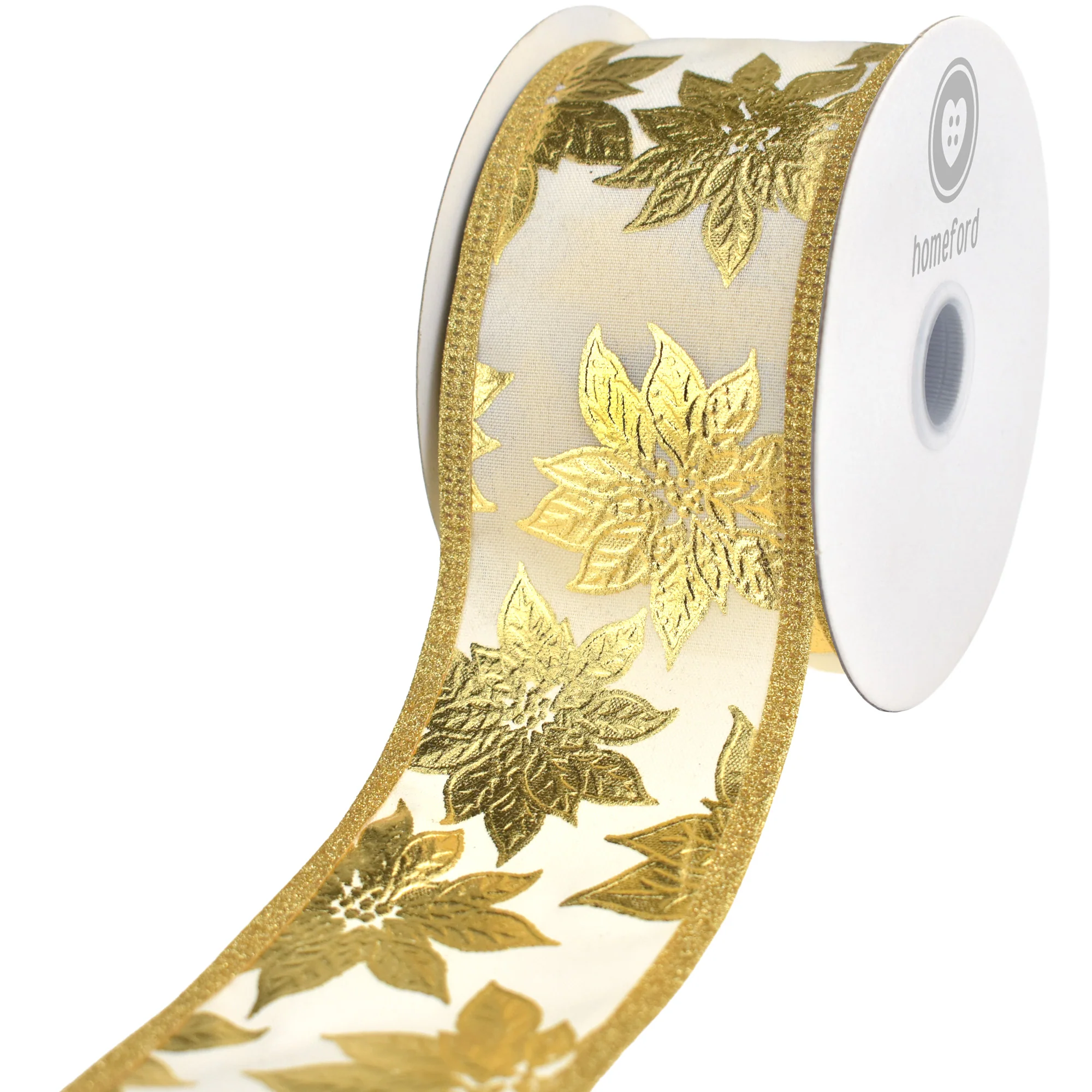Christmas Metallic Embossed Poinsettias Wired Ribbon, 10-yard - Image 3