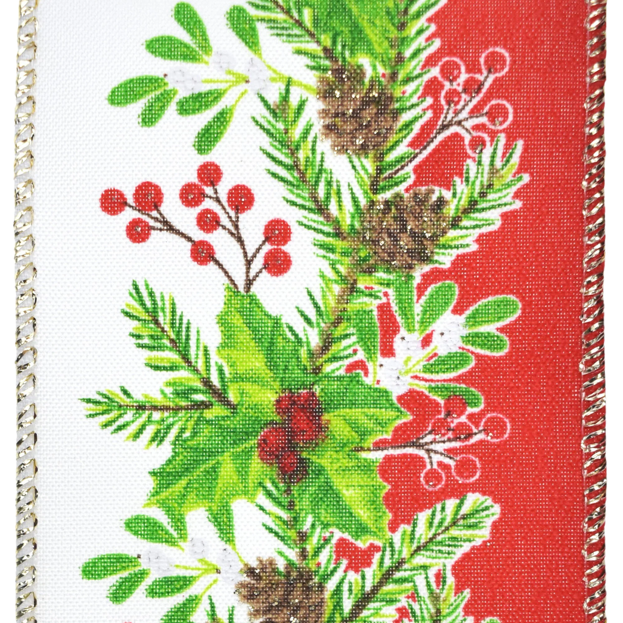 Christmas Pinecone Mistletoe Stripe Wired Ribbon, 10-yard - Image 3