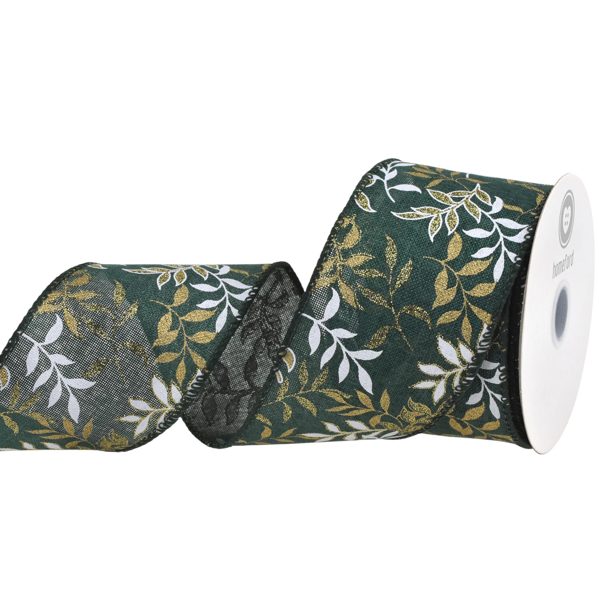 Christmas Pressed Branches Faux Linen Wired Ribbon, 2-1/2-inch, 10-yard - Image 2