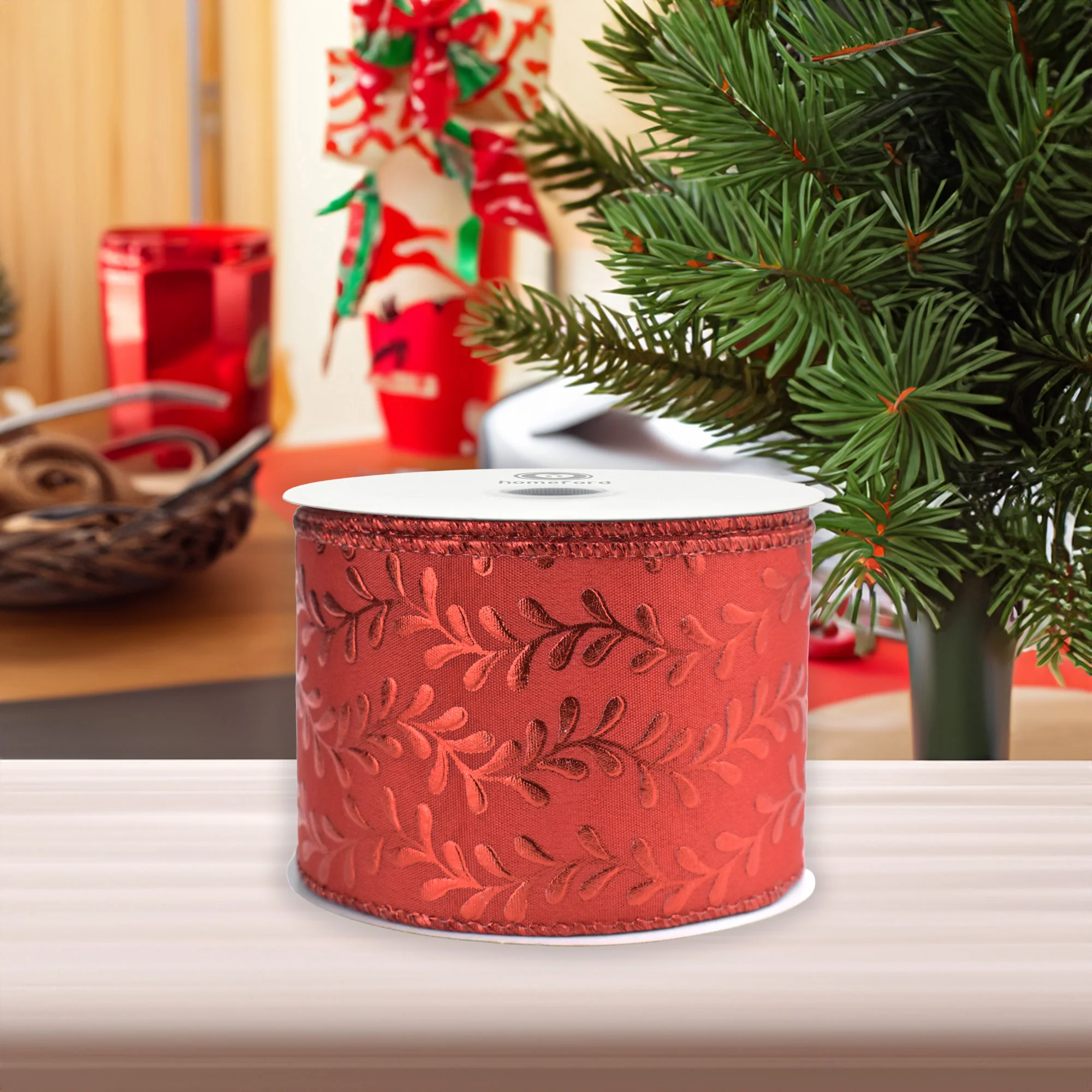 Christmas Shimmer Embossed Vines Satin Wired Ribbon, 10-yard - Image 4