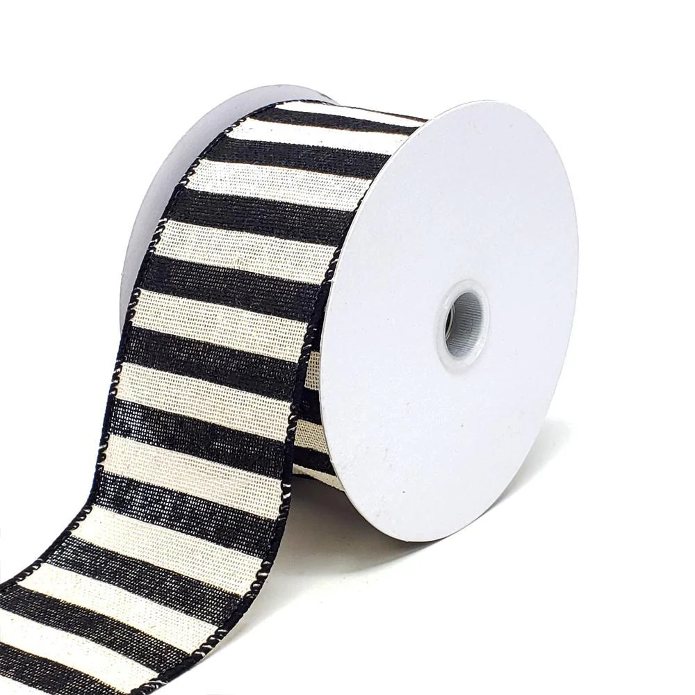 Christmas Stripes Canvas Wired Edge Ribbon, Black/Ivory, 10-Yard - Image 3