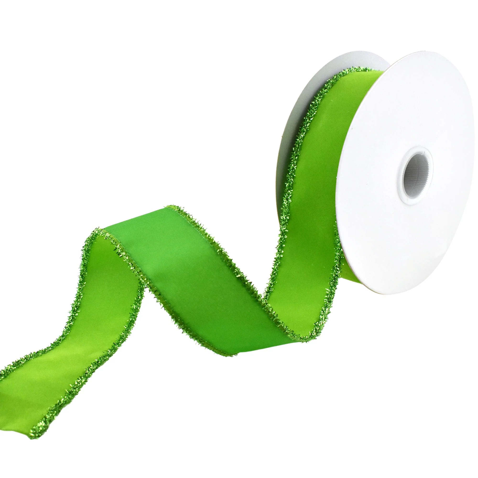 Christmas Velvet Tinsel Edge Wired Ribbon, 1-1/2-Inch, 10-Yard - Lime Green - Image 3
