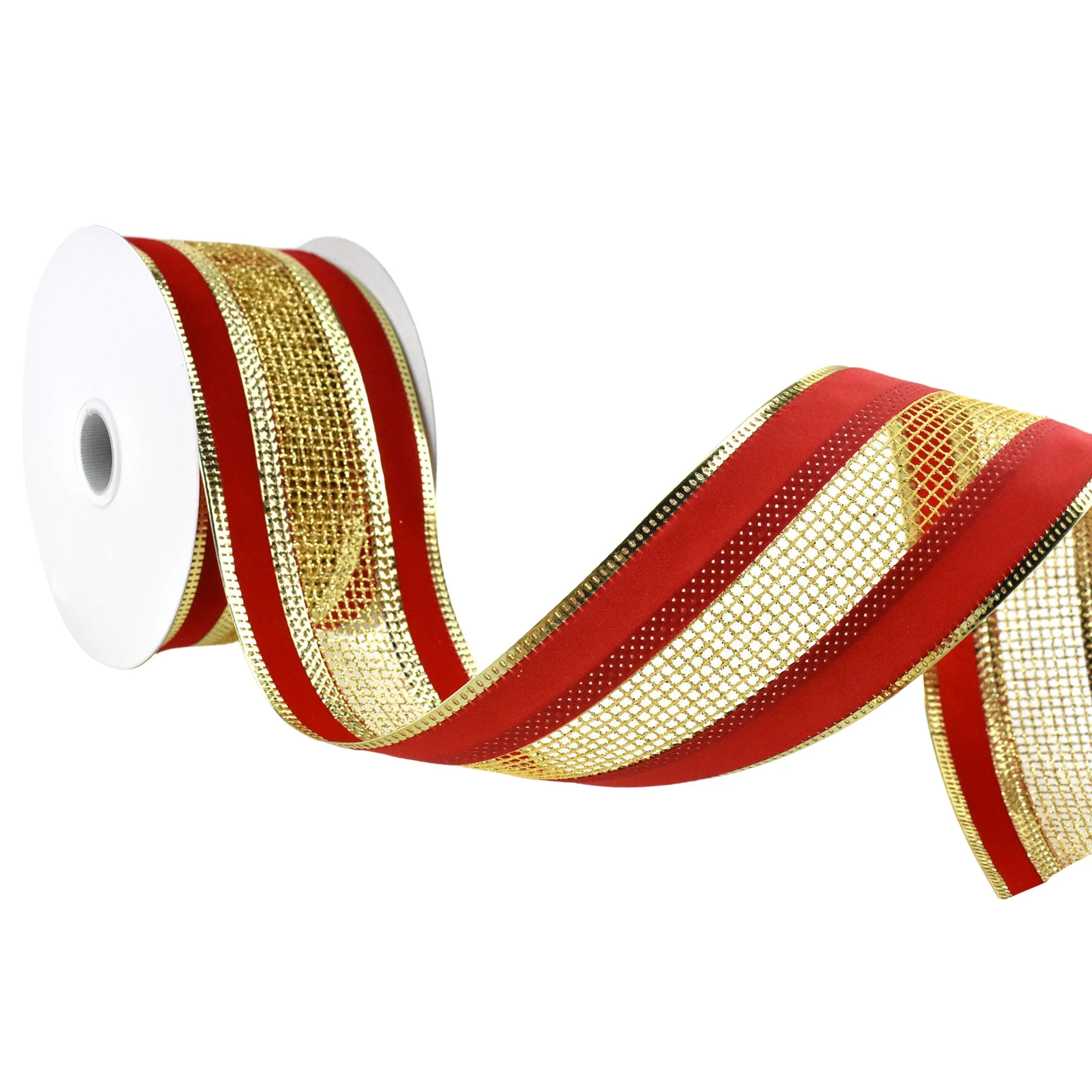 Christmas Velvet with Glittered Net Wired Ribbon, 2-1/2-Inch, 10-Yard - Red/Gold - Image 3