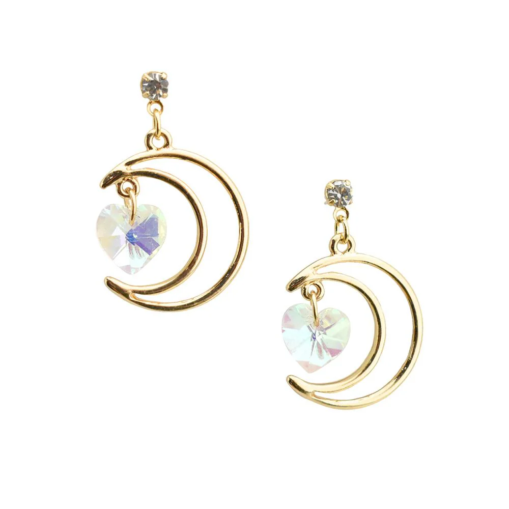 Crescent Moon with Heart Gemstone Pendant Drop Earrings, 1-1/4-Inch - Image 2
