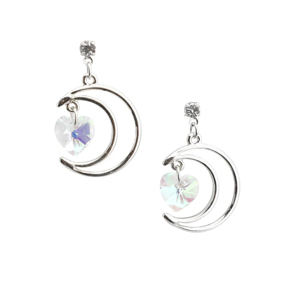 Crescent Moon with Heart Gemstone Pendant Drop Earrings, 1-1/4-Inch - Image 3