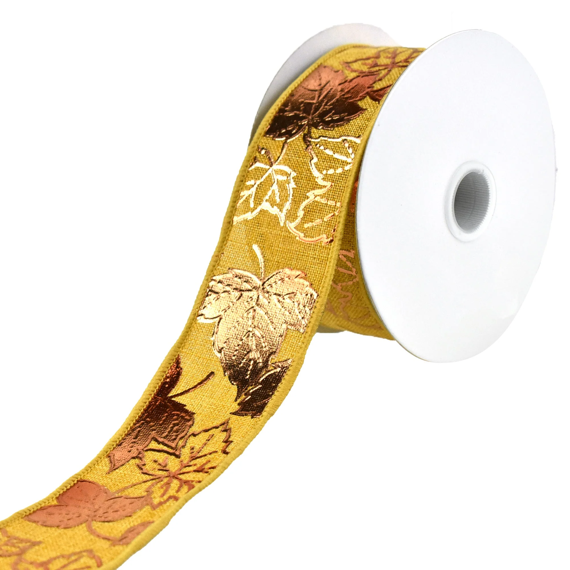 Embossed Leaves Faux Linen Wired Autumn Fall Ribbon, 1-1/2-Inch, 10-Yard - Image 3