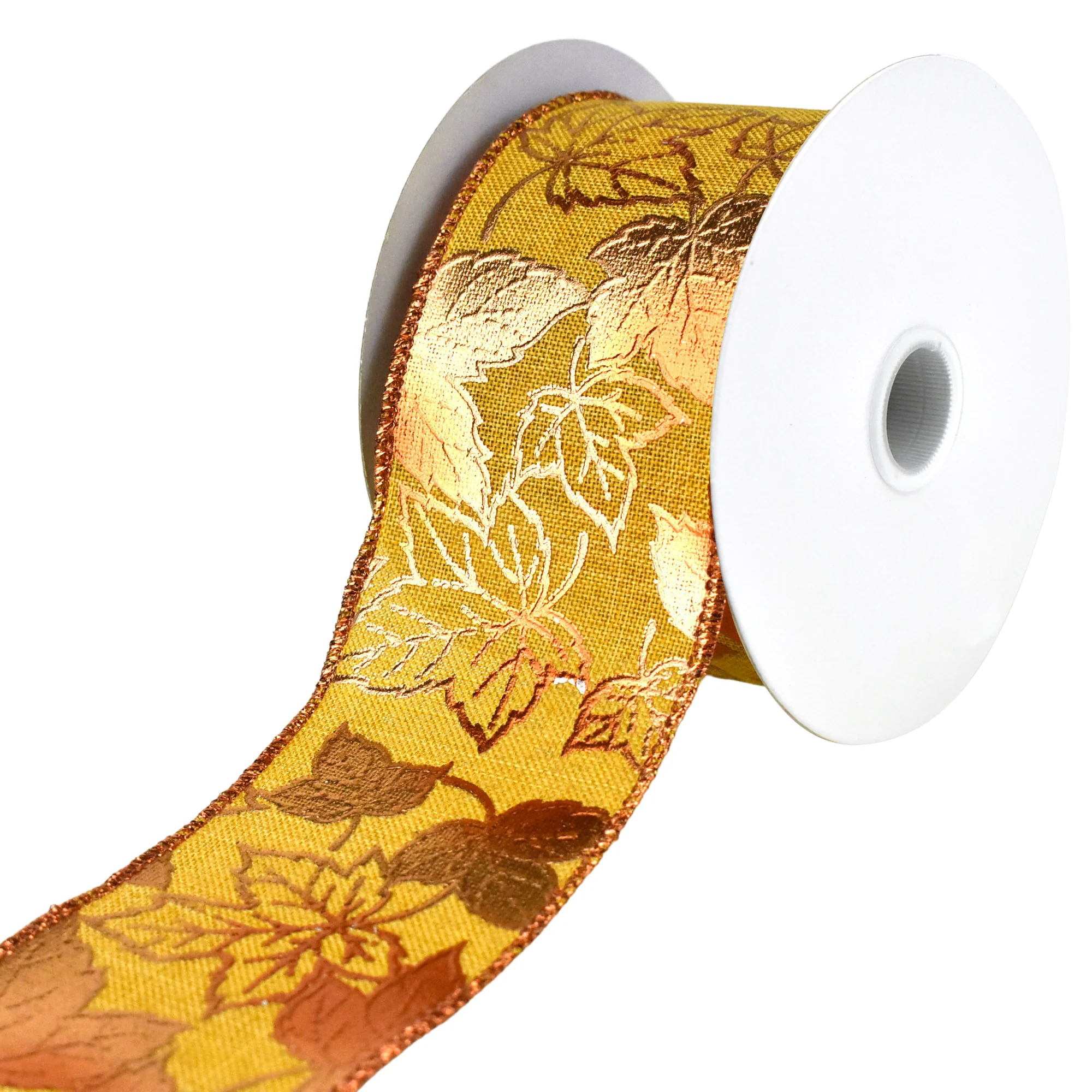 Embossed Metallic Leaves Wired Autumn Fall Ribbon, 2-1/2-inch, 10-yard - Image 2