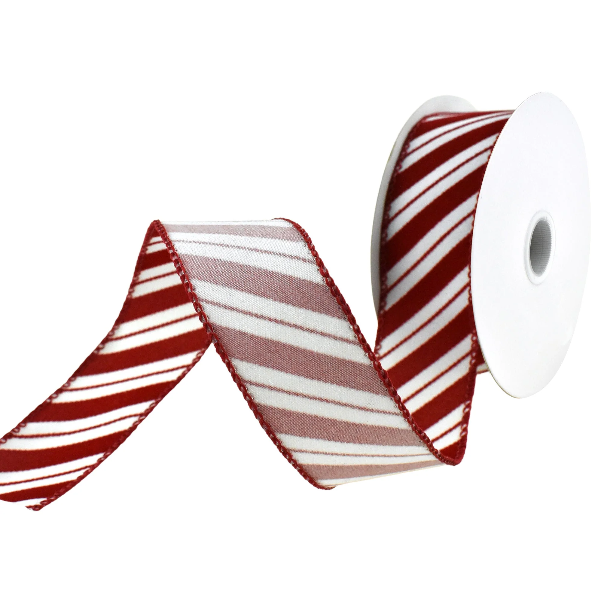 Flocked Candy Cane Stripes Wired Ribbon, 1-1/2-Inch, 10-Yard - Red - Image 3