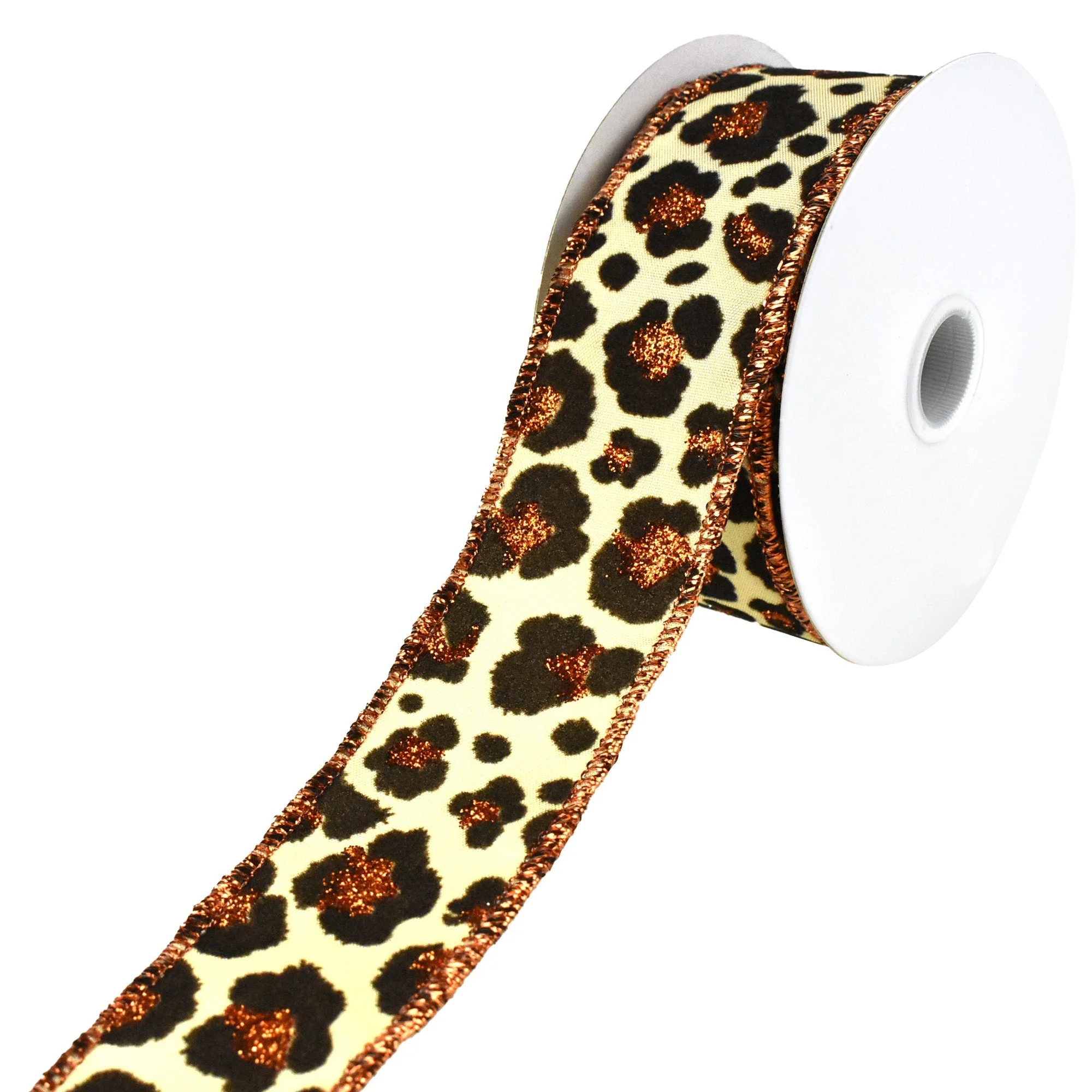 Flocked Cheetah Print Satin Wired Ribbon, 10-yard - Image 3
