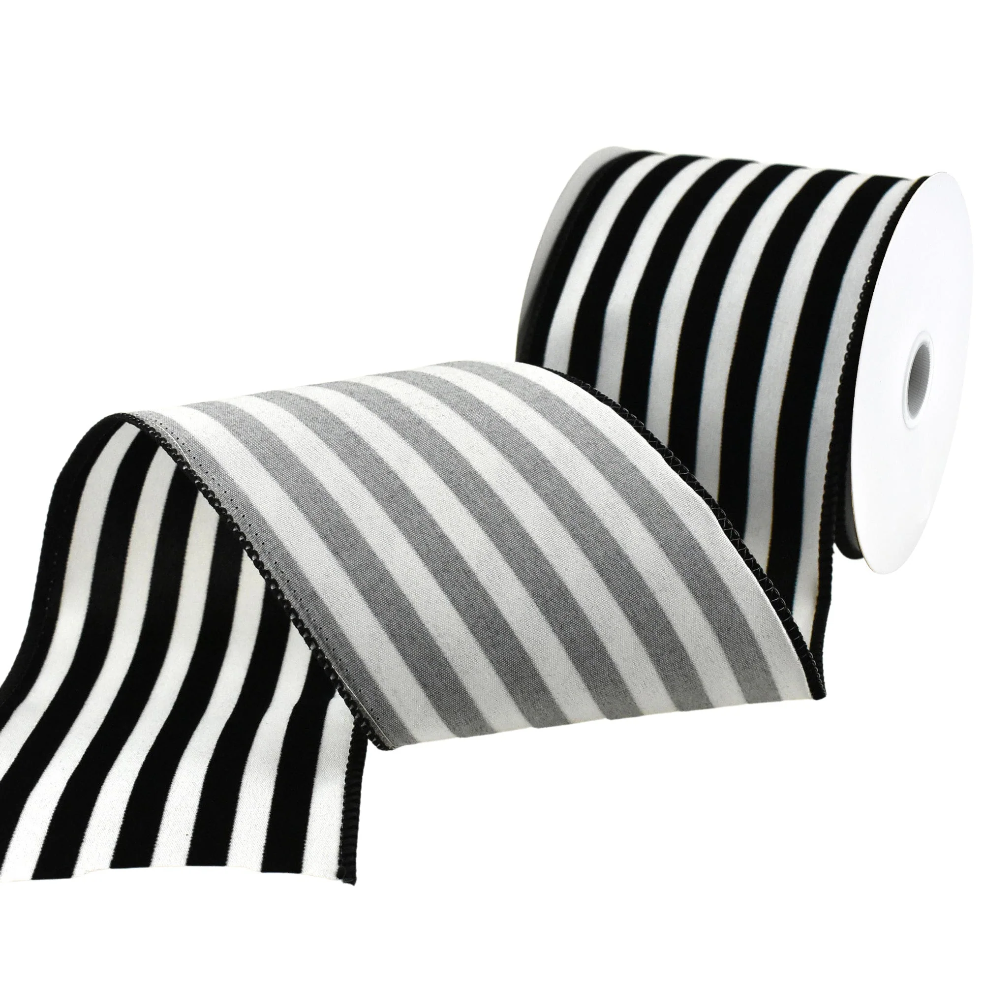 Flocked Classic Cabana Stripes Wired Ribbon, 4-Inch, 10-Yard - Black - Image 2