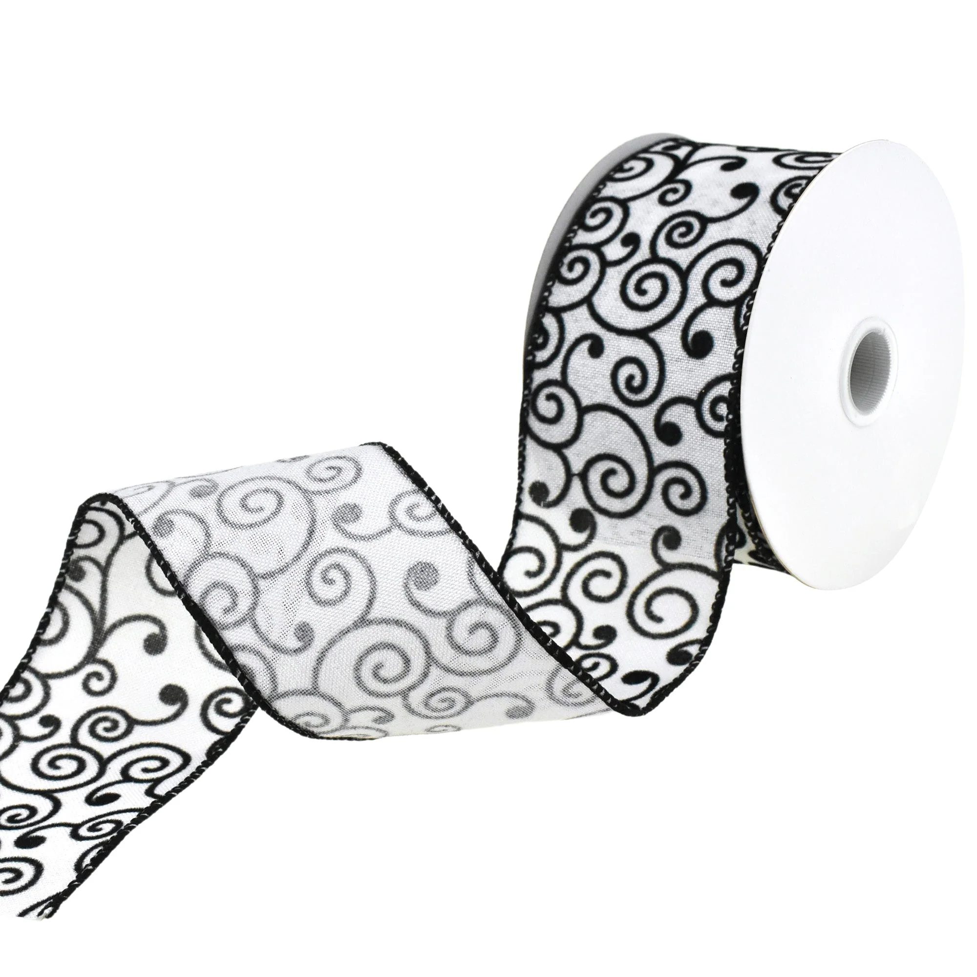 Flocked Swirl Filigree Wired Ribbon, 2-1/2-Inch, 10-Yard - Black/White - Image 3