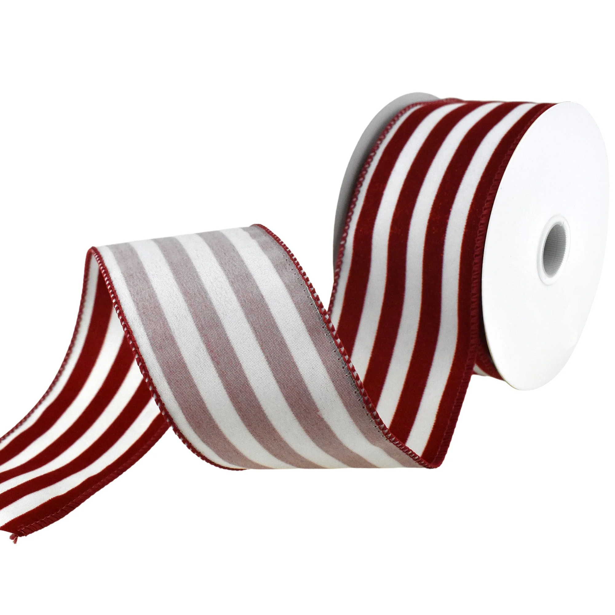 Glitter Flocked Cabana Stripes Wired Ribbon, 2-1/2-Inch, 10-Yard - Red/White - Image 3