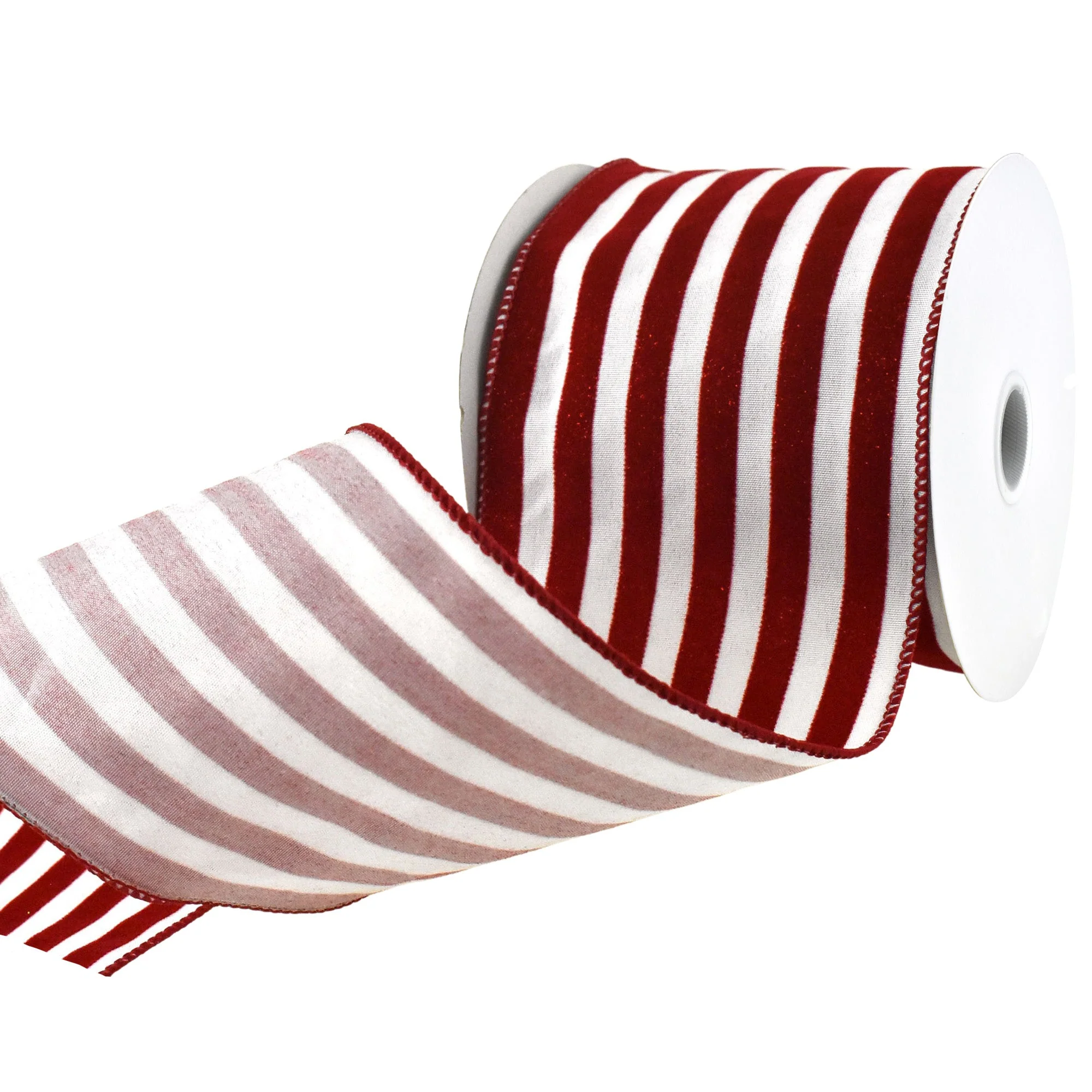Glitter Flocked Cabana Stripes Wired Ribbon, 4-Inch, 10-Yard - Red/White - Image 3