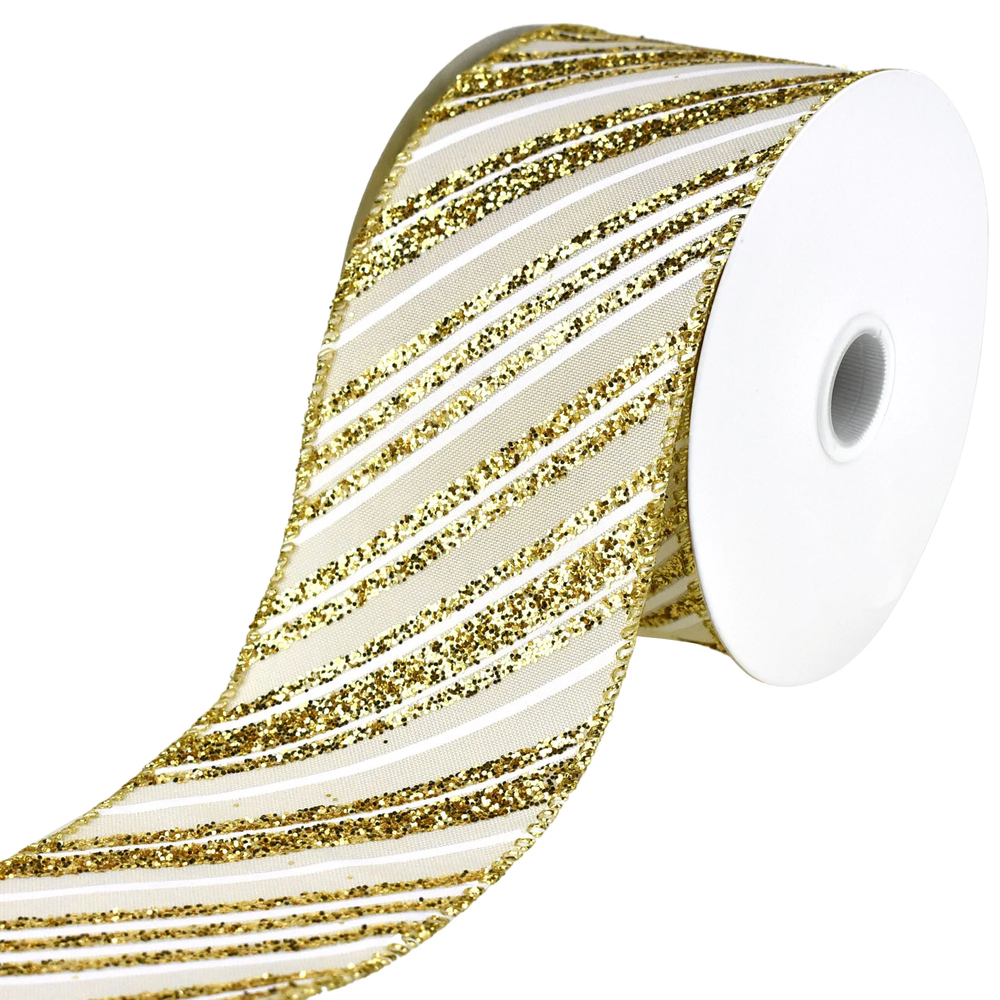 Glittered Diagonal Christmas Stripes Wired Ribbon, 10-yard - Image 3