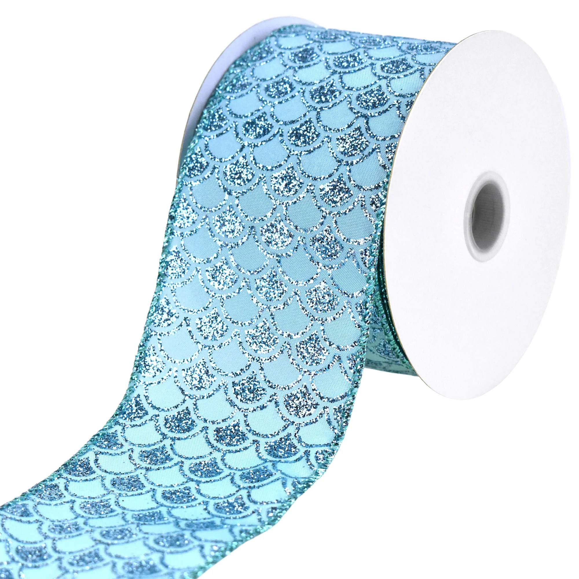 Glittered Mermaid Fish Scale Pattern Satin Wired Ribbon, 10-yard - Image 9