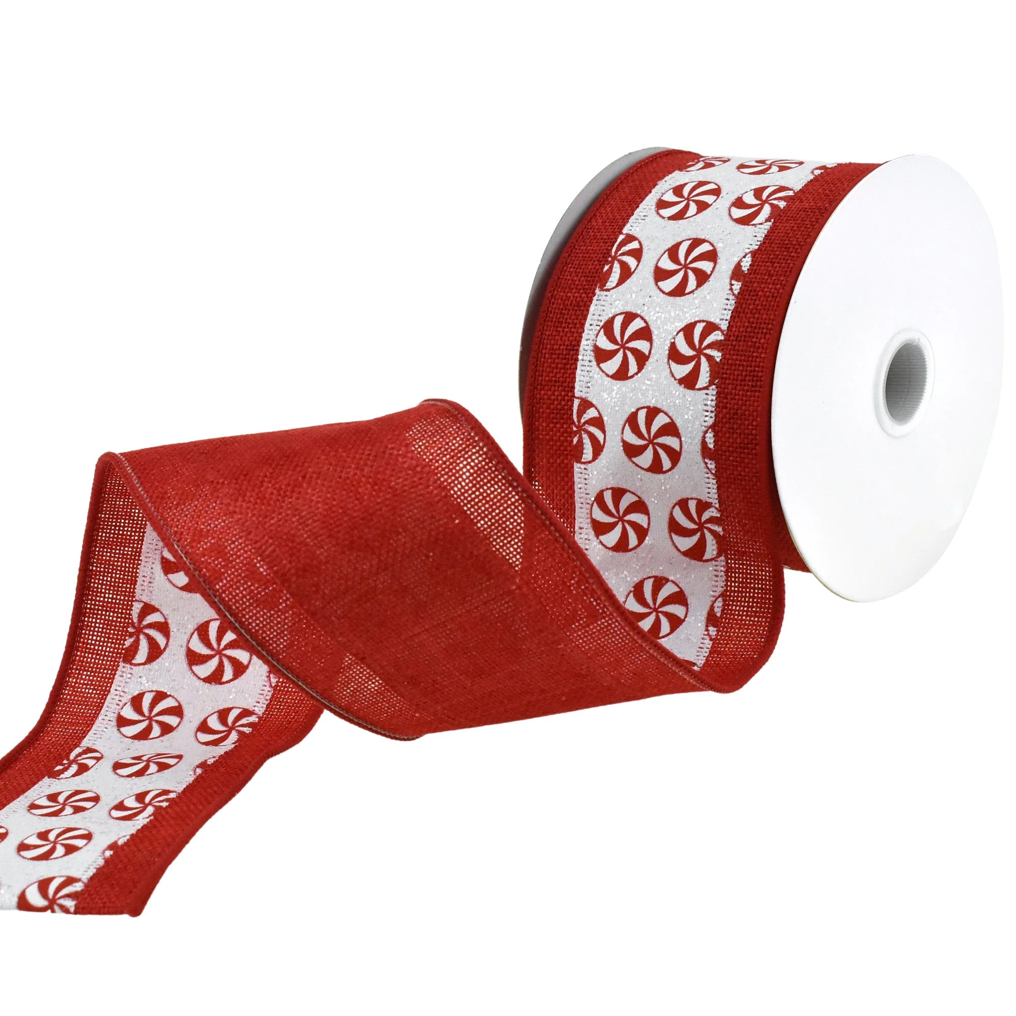 Glittered Peppermint Faux Linen Wired Ribbon, 2-1/2-Inch, 10-Yard - Red - Image 3