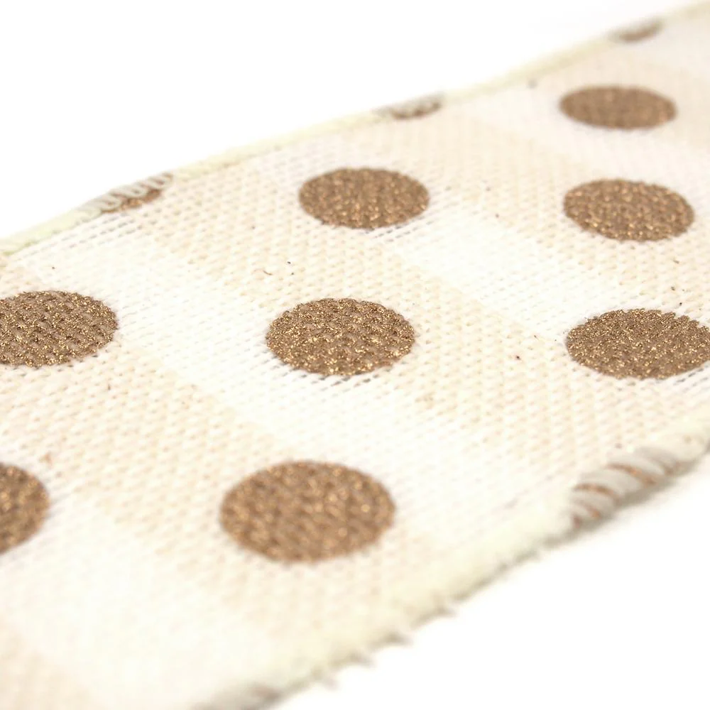 Gold Polka Dots Faux Burlap Wired Ribbon, Ivory, 10 Yards - Image 2
