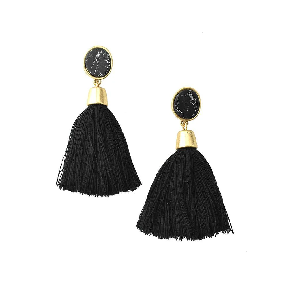 Hanging Tassel with Stone Post Earrings, 2-1/4-Inch - Image 2