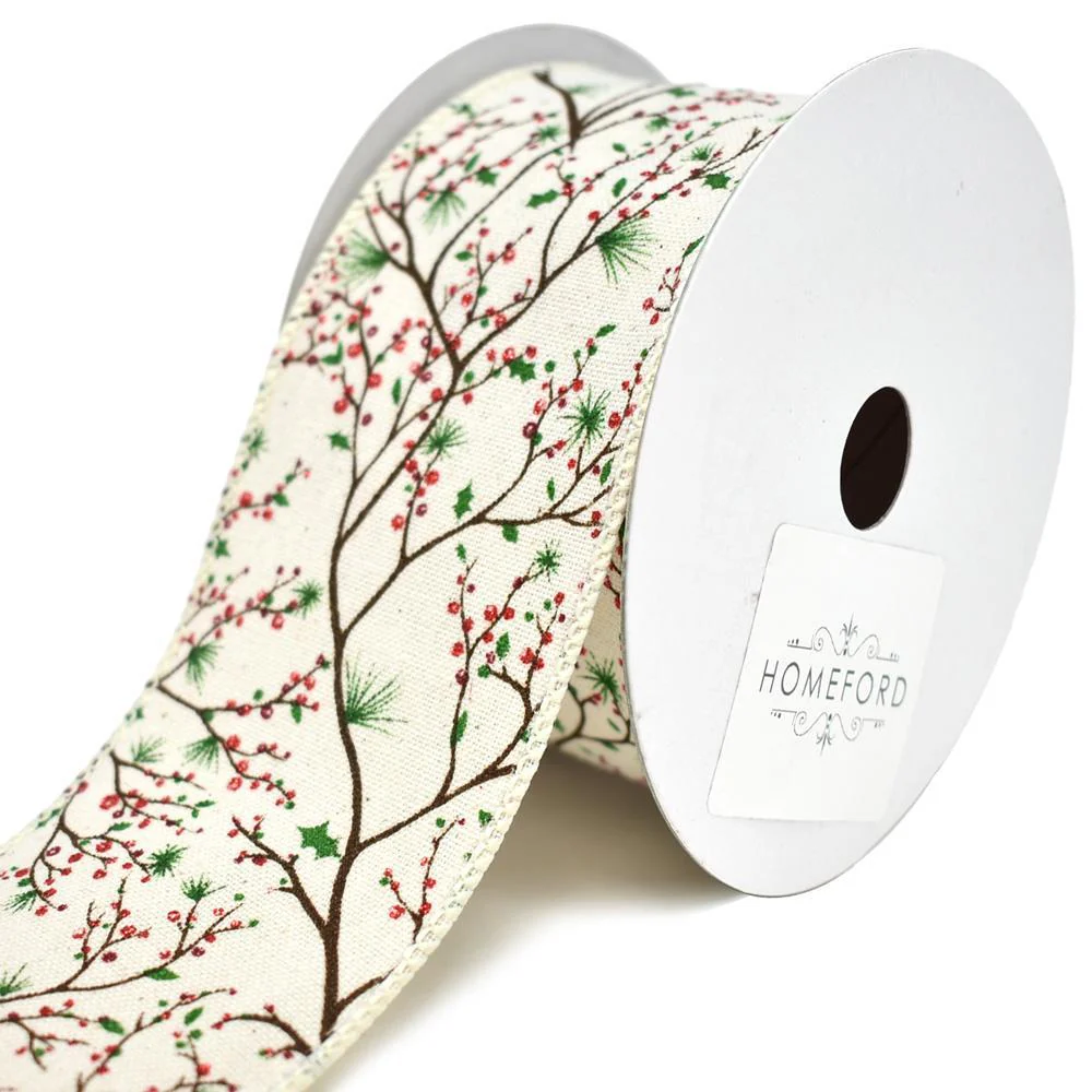 Holly Berry Branch Printed Wired Christmas Ribbon, 10-Yard - Image 3