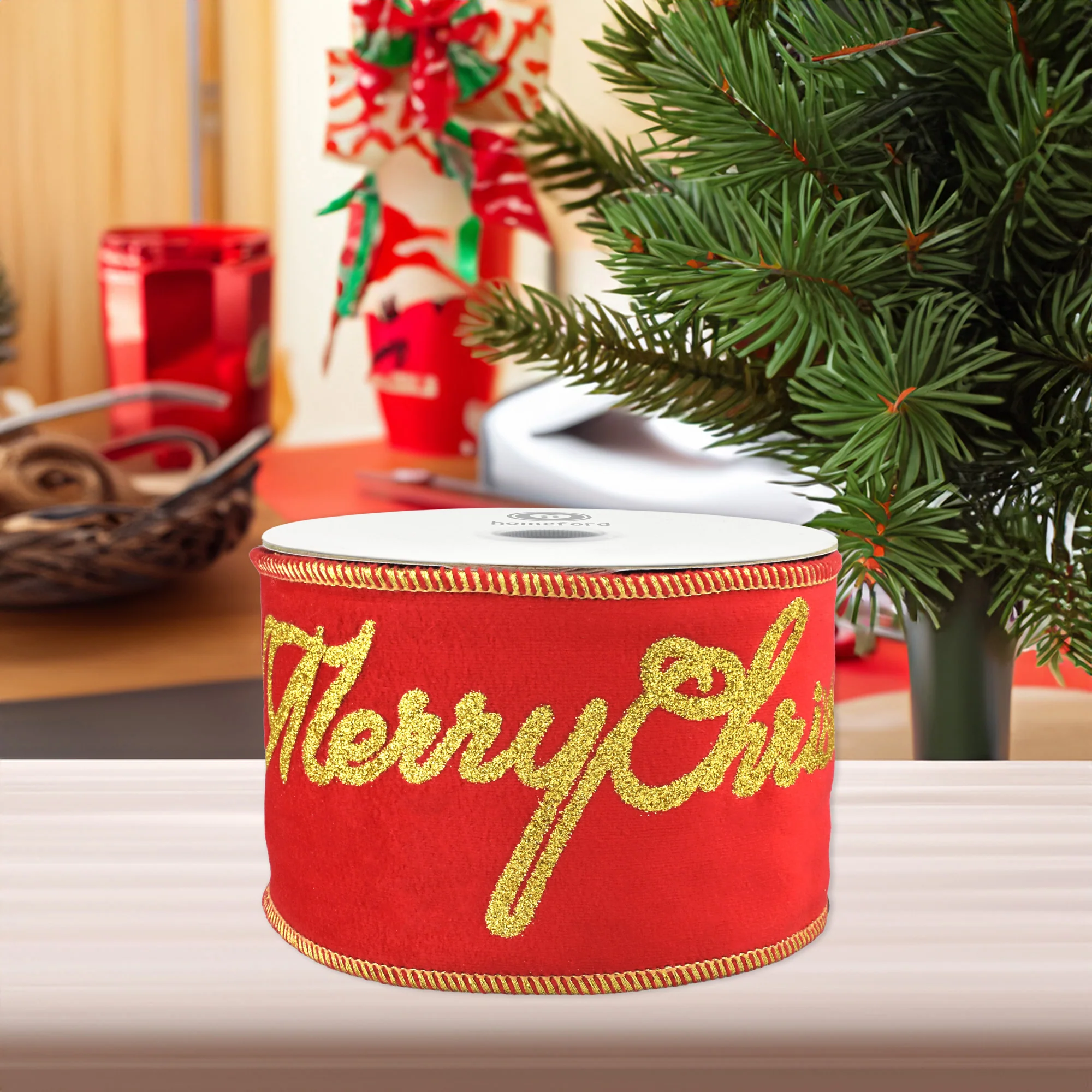 Merry Christmas Glittered Script Velvet Wired Ribbon, 3-inch, 10-yard - Image 4