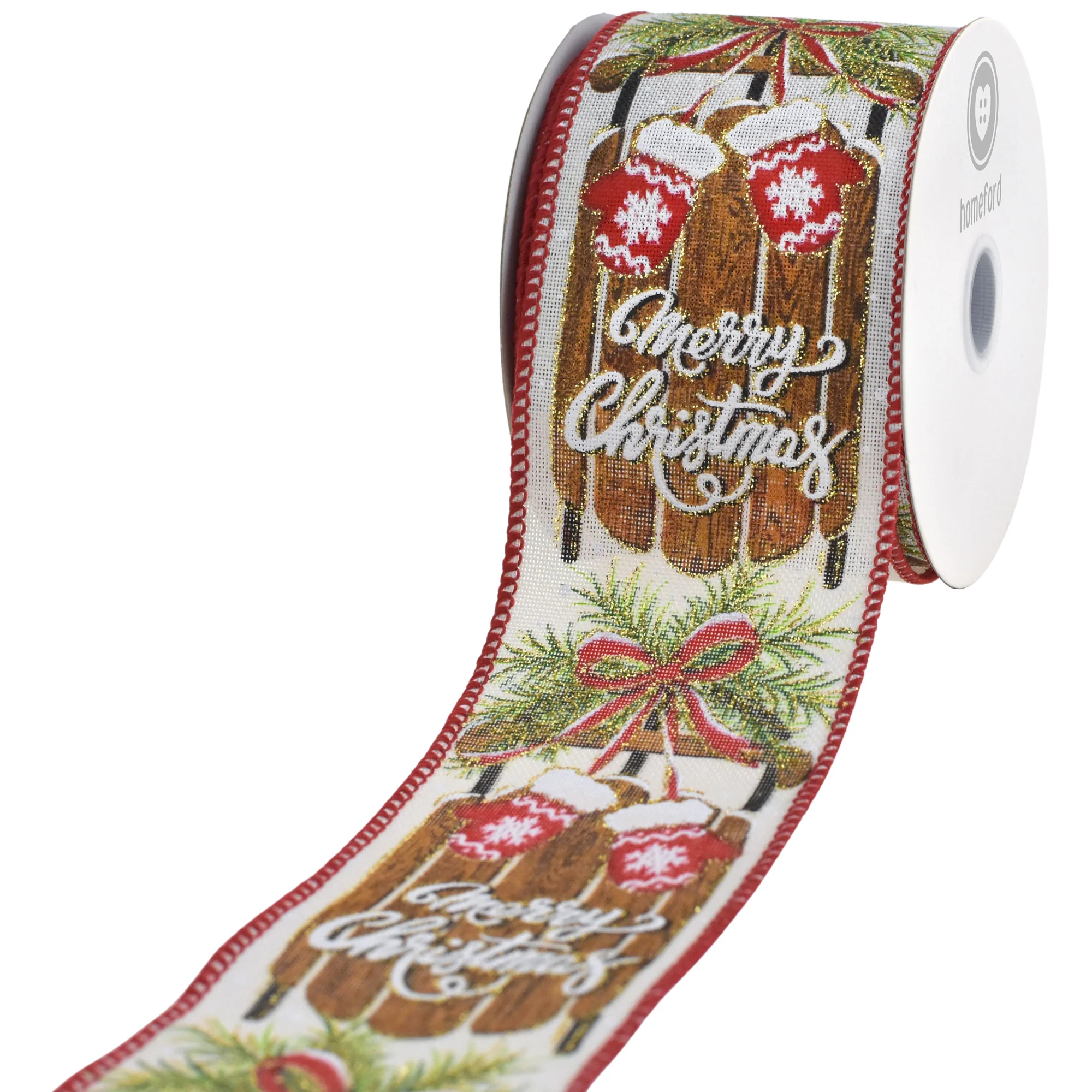 Merry Christmas Mittens Sled Faux Linen Wired Ribbon, 2-1/2-inch, 10-yard - Image 3