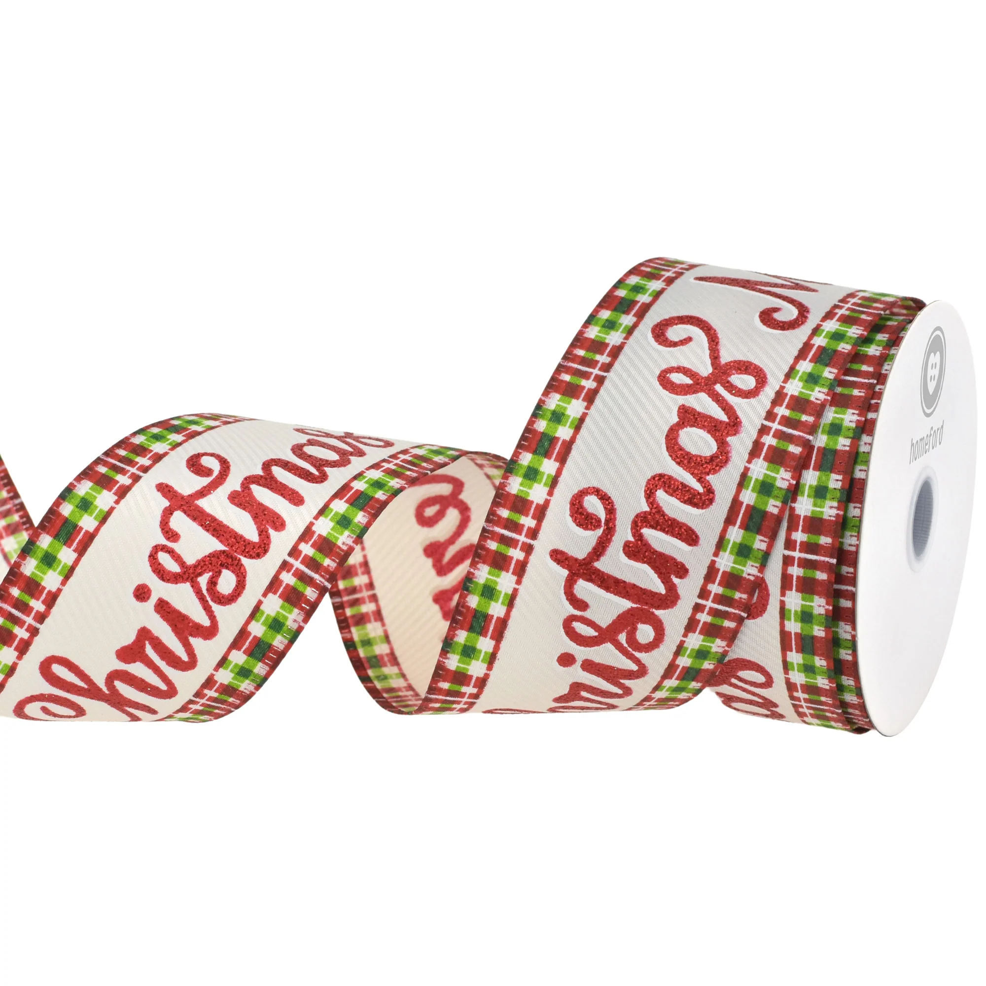 Merry Christmas Plaid Edge Satin Wired Ribbon, 2-1/2-inch, 10-yard - Image 2