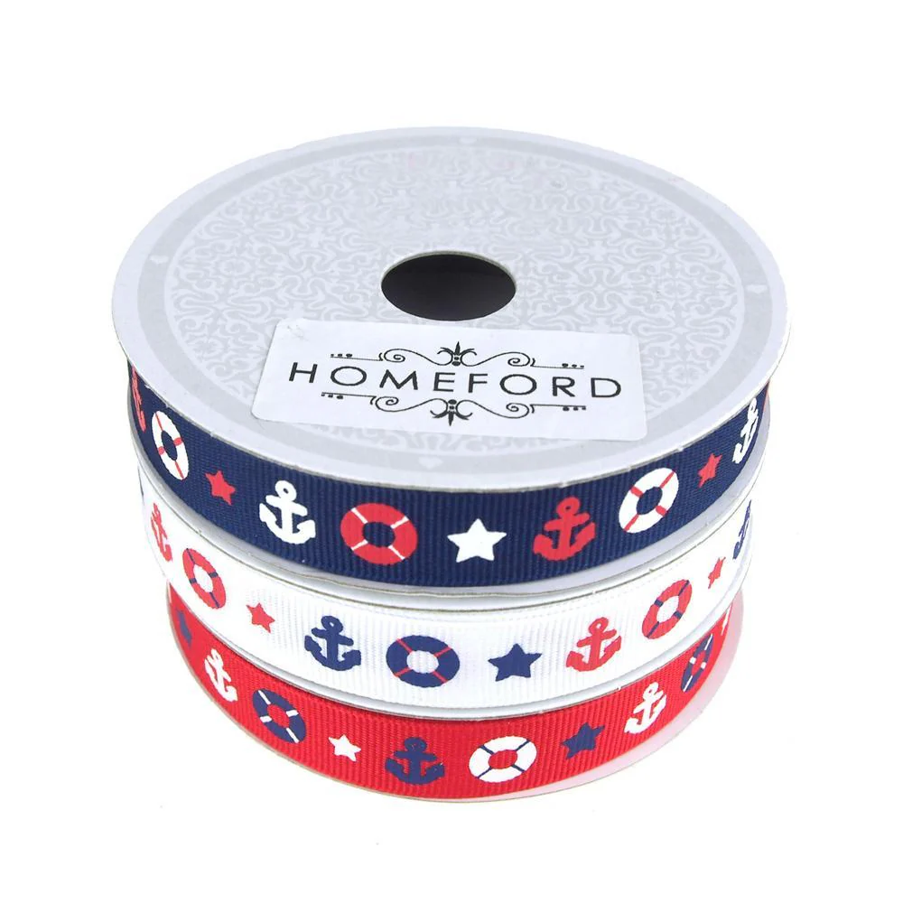 Nautical Anchor and Lifebuoy Grosgrain Ribbon, 5/8-inch, 10 Yards