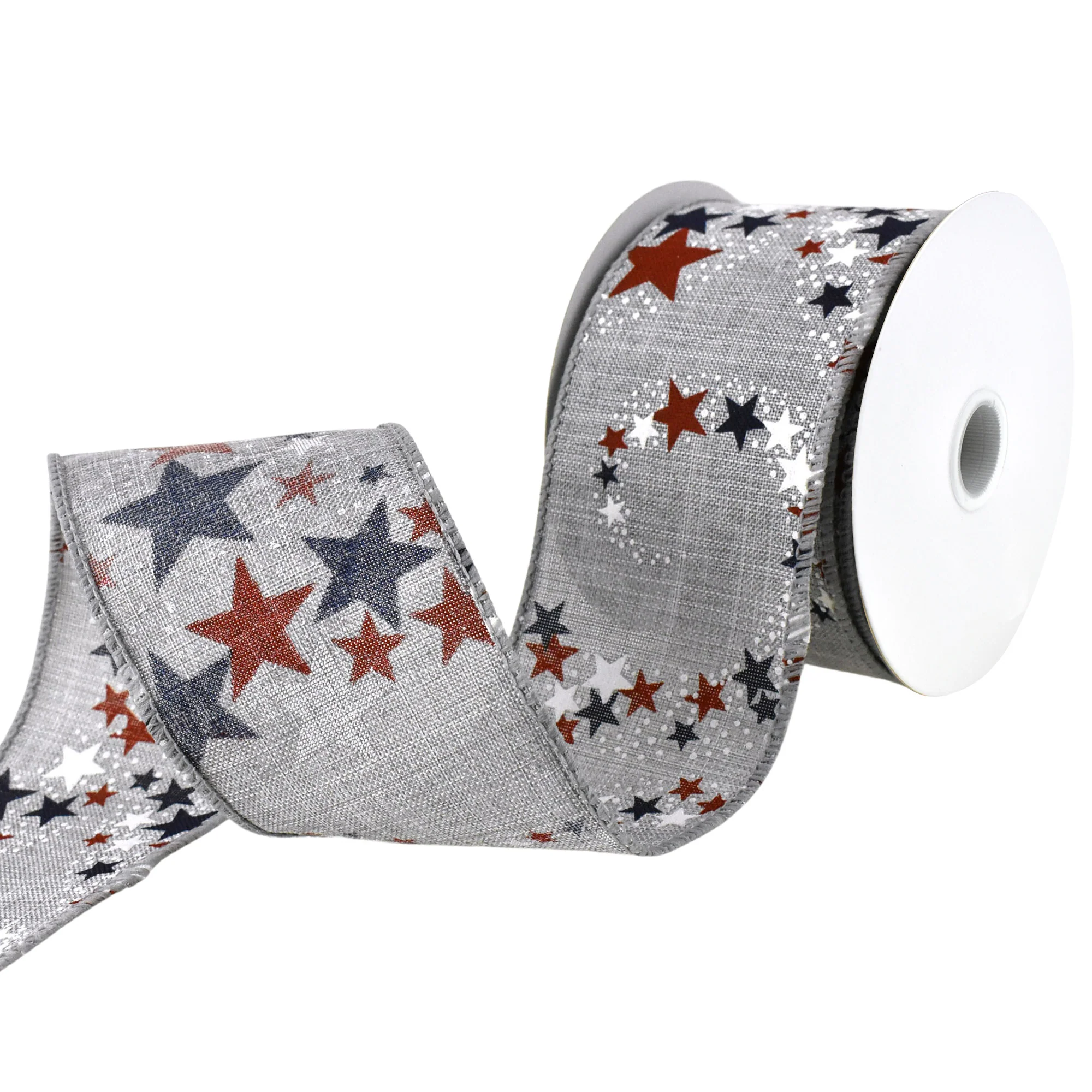 Patriotic Star Bursts Faux Linen Wired Ribbon, 2-1/2-inch, 10-yard - Image 3