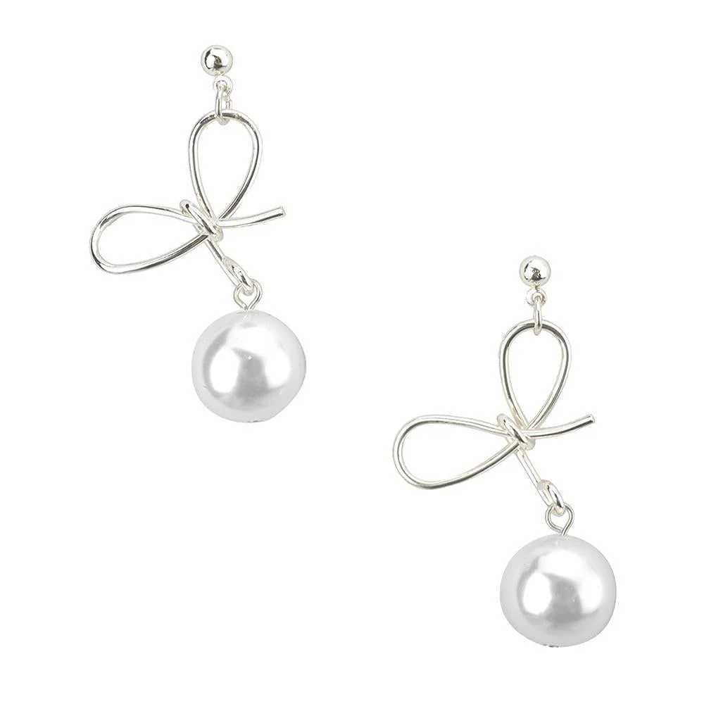 Pearl Bow Drop Earrings, 1-1/2-Inch - Image 2