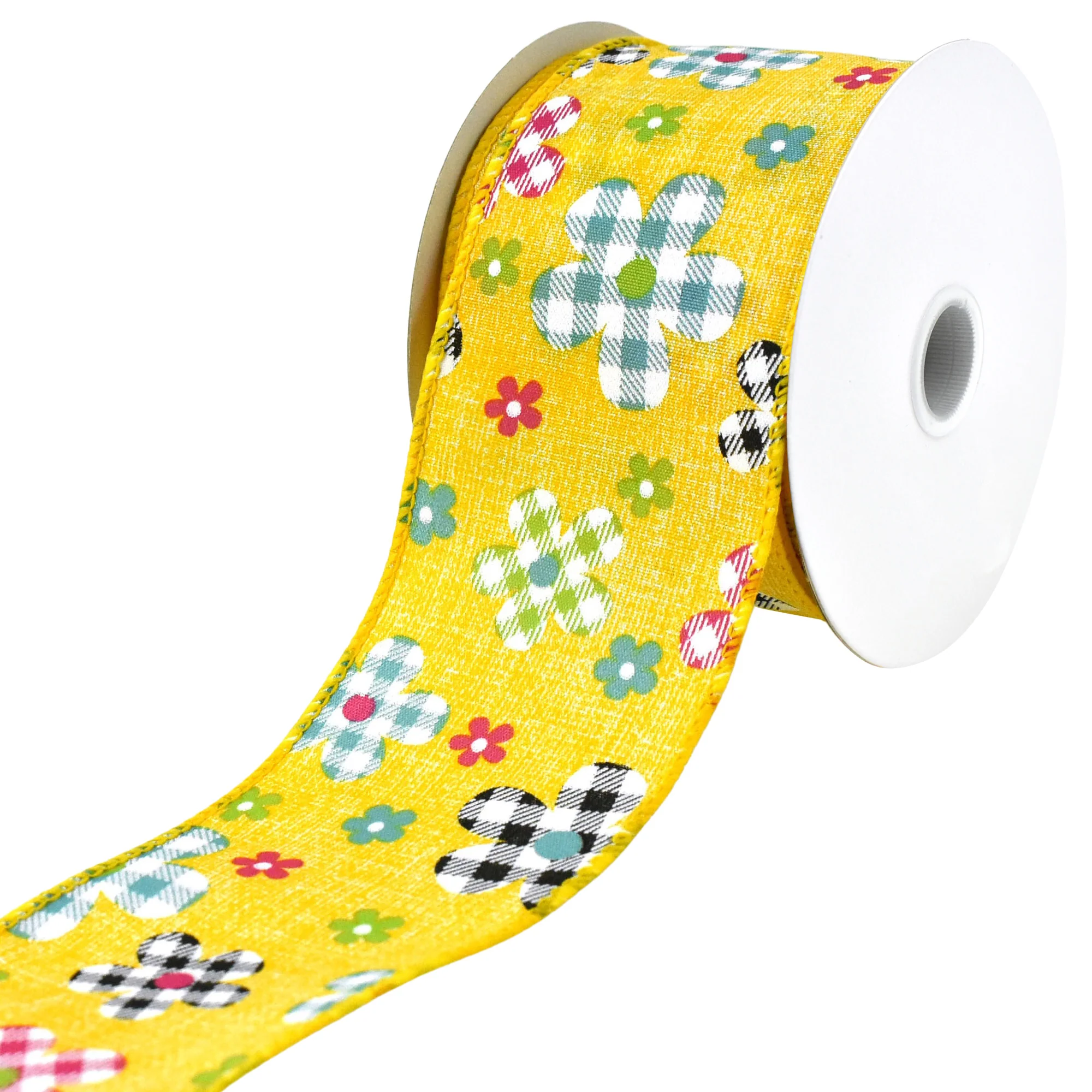 Plaid Patterned Spring Flowers Wired Ribbon, 10-yard - Image 7
