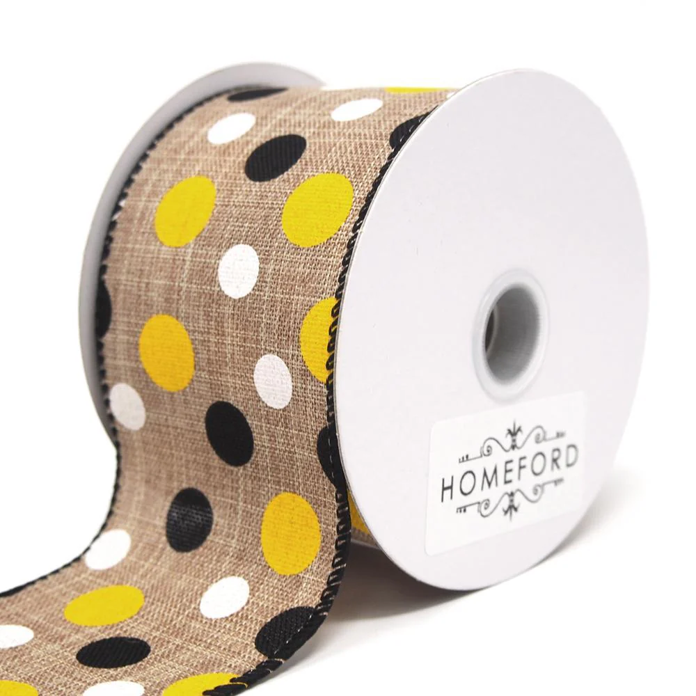 Polka Dots Natural Linen Ribbon Wired Edge, 10 Yards - Image 3