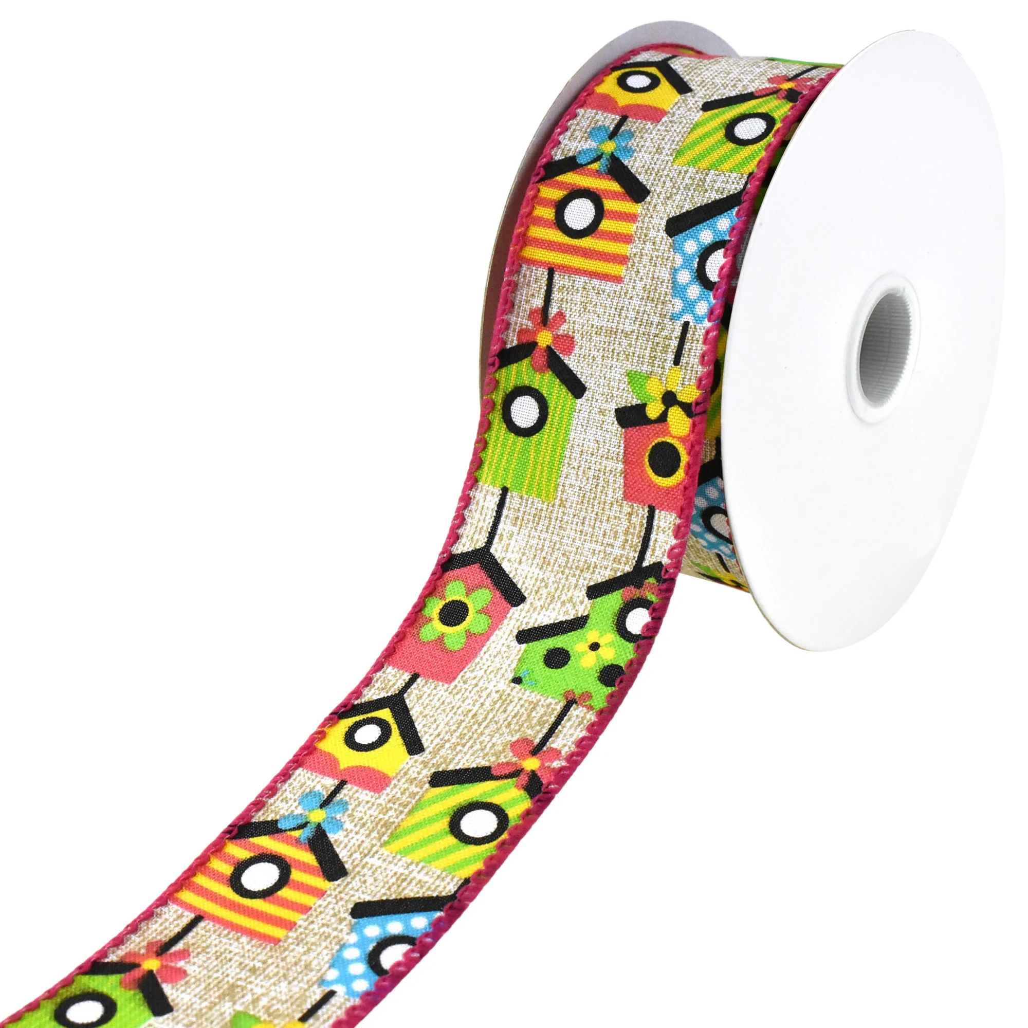 Printed Bright Birdhouses Faux Linen Wired Ribbon, 10-yard - Image 2