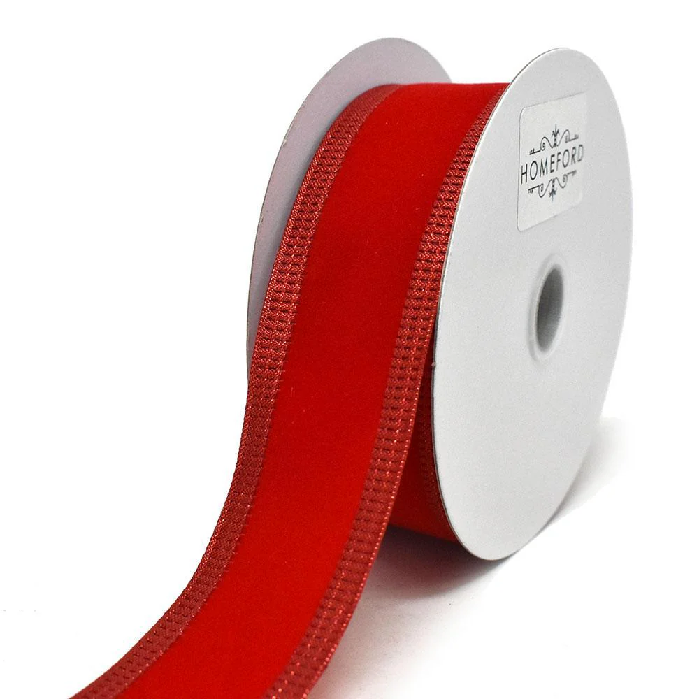 Red Velvet Metallic-Colored Trim Wired Ribbon, 1-1/2-Inch, 10-Yard - Image 2