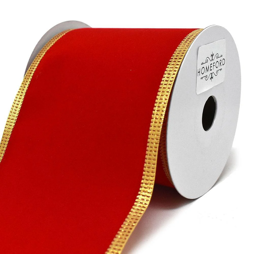 Red Velvet Metallic-Colored Trim Wired Ribbon, 4-Inch, 10-Yard - Image 3